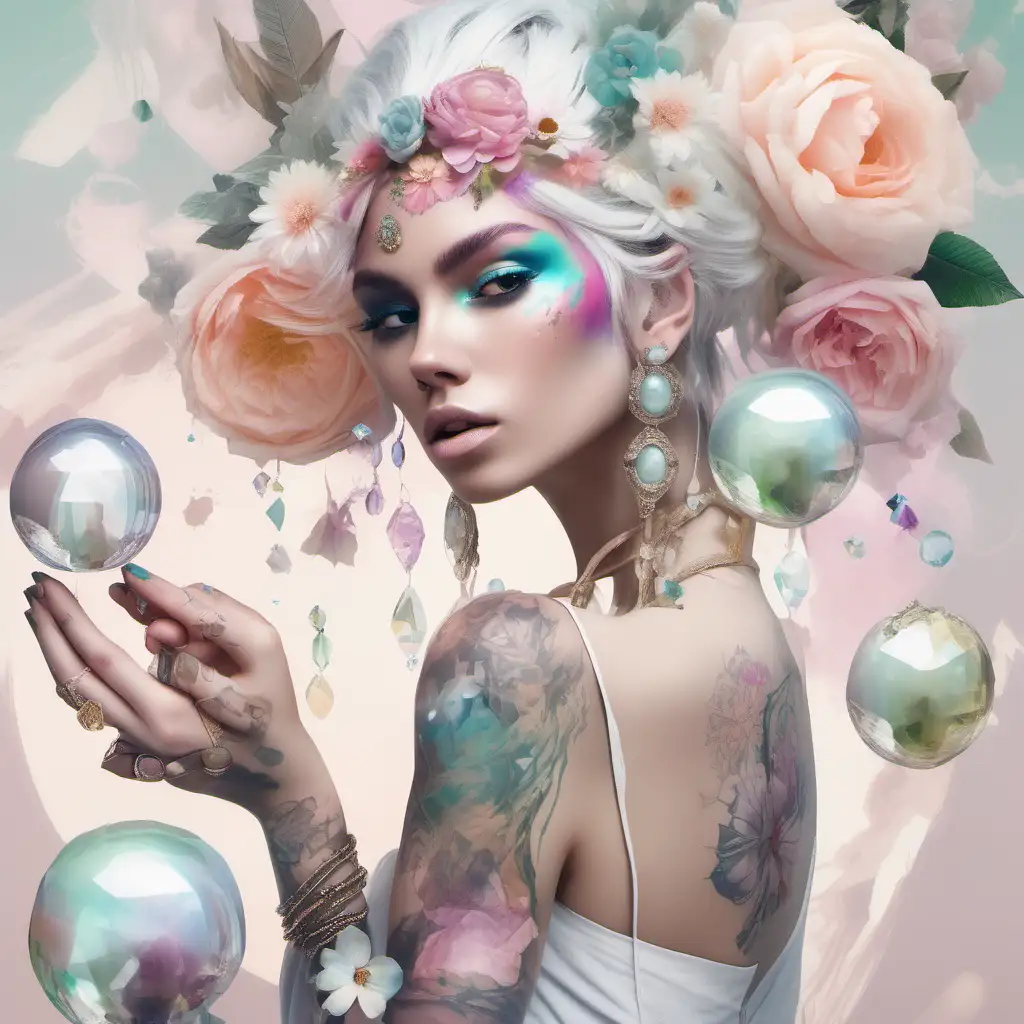 refined abstract exotic white model with pastel flowers that bleed into her hair, holding a mirror mirror {big Jewelry{she has soft tattoos on her arms and shoulders} {3 crystal balls fly around her}.  copy and same colors same face 
pretty hands 
same arms
