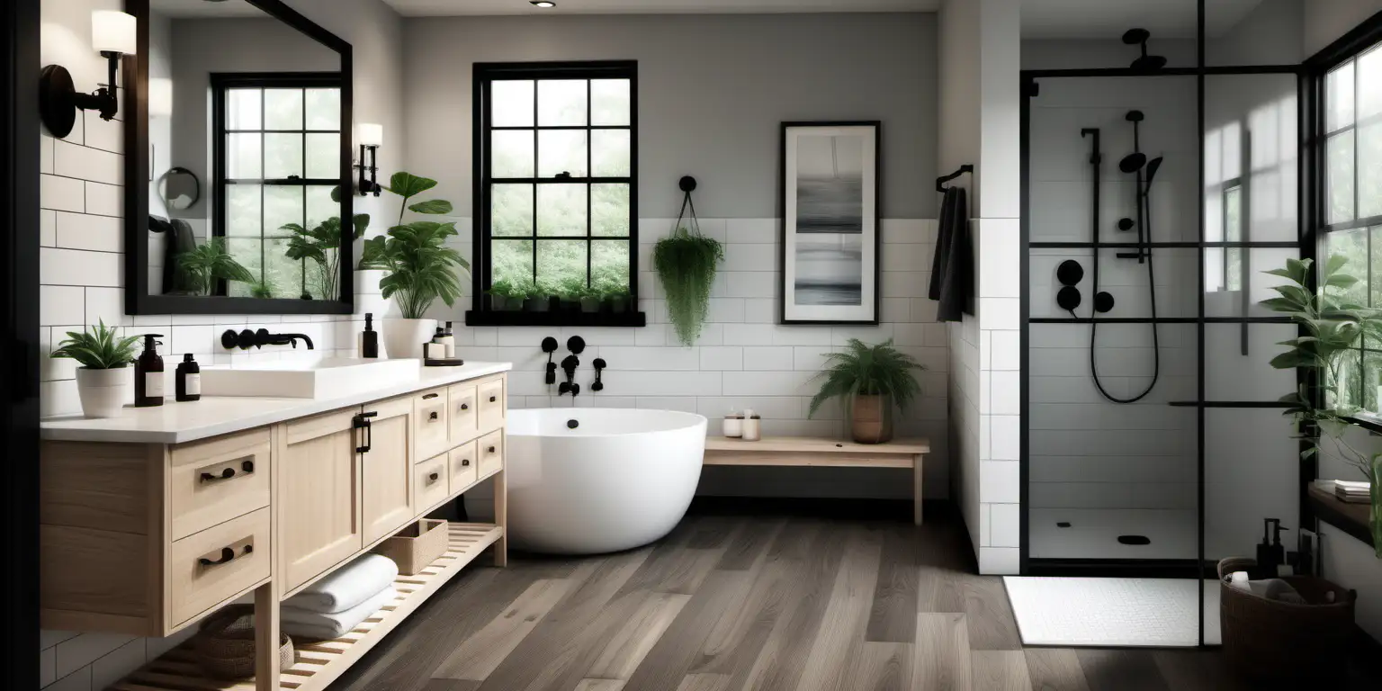 photorealistic, spacious bathroom, nordic style, focus on walk-in shower with white tile, light colored wood vanity, small plants on vanity, mirror on wall, dark colored hard wood floor, black farmhouse style fixtures, shower niche, bench in shower, natural window light