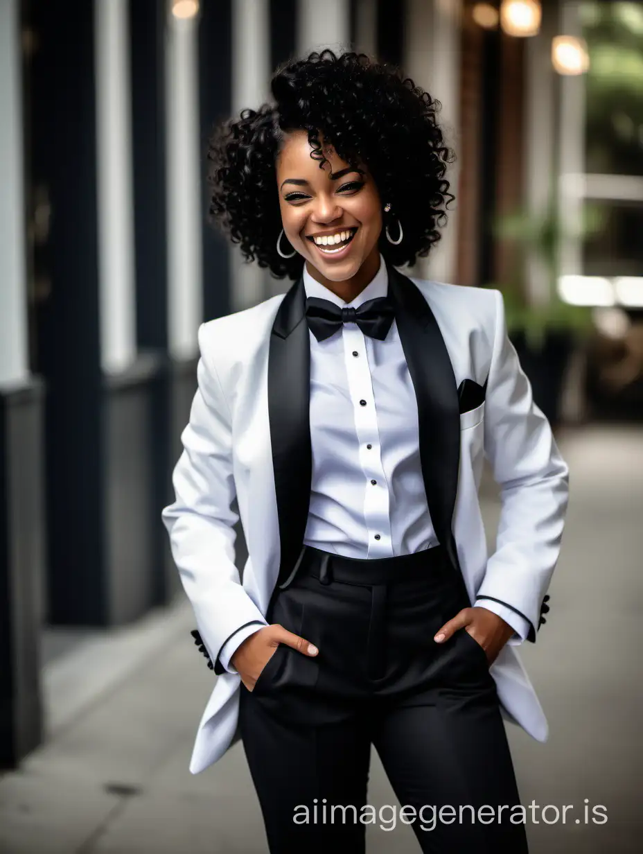 Beautiful Black woman with curly hair wearing a black tuxedo with a white jacket. Her shirt is white with double French cuffs and a wing collar. Her bowtie is black. Her cummerbund is black. Her pants are black. Her cufflinks are black. She is smiling and laughing. She is relaxed. Her jacket is open.