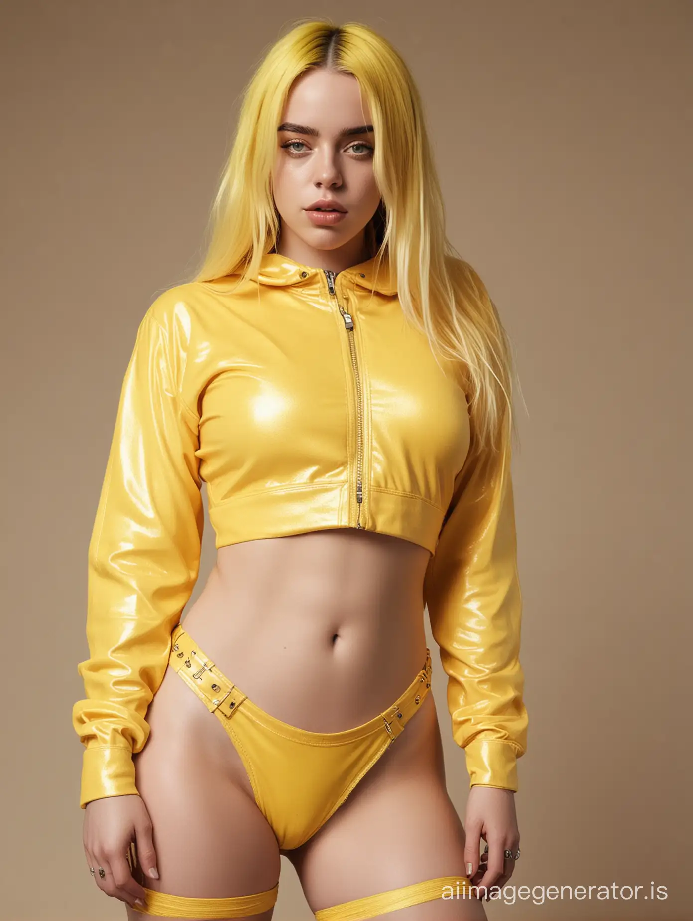 billie eilish ,yellow skimpy outfit, realistic photograph , golden hair