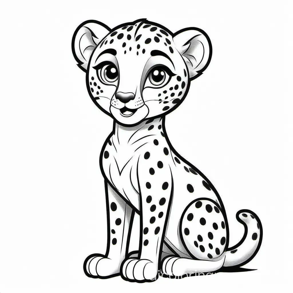 A cartoon illustration in black and white line art, of  a Cheetah. The style is cute Disney with soft lines and delicate shading. Coloring Page, black and white, line art, white background, Simplicity, Ample White Space. The background of the coloring page is plain white to make it easy for young children to color within the lines. The outlines of all the subjects are easy to distinguish, making it simple for kids to color without too much difficulty, Coloring Page, black and white, line art, white background, Simplicity, Ample White Space. The background of the coloring page is plain white to make it easy for young children to color within the lines. The outlines of all the subjects are easy to distinguish, making it simple for kids to color without too much difficulty