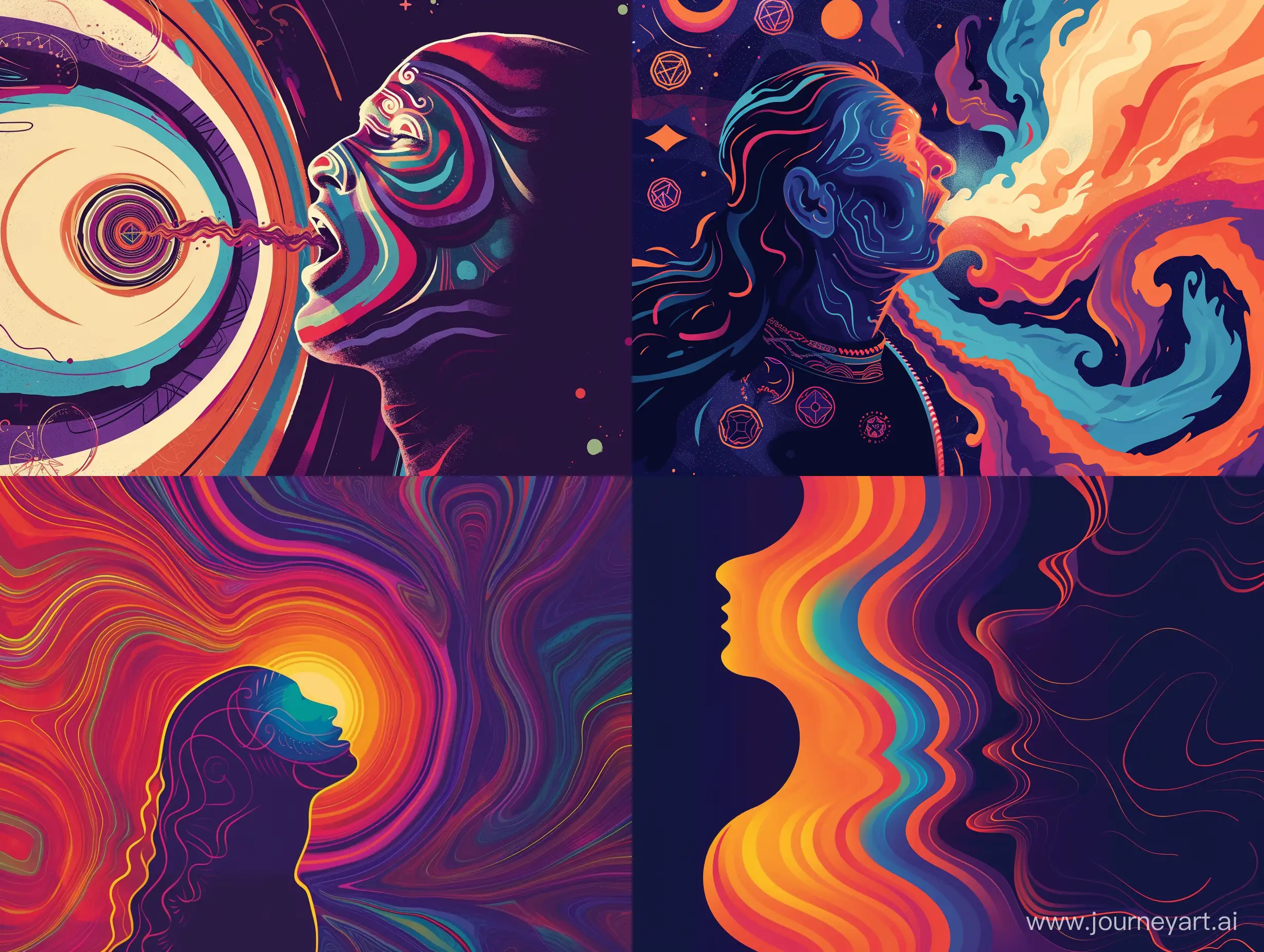 Create a minimalistic album cover that captures the essence of a modern shaman's journey through psychedelic voice effects. The cover should evoke a sense of mystical exploration, blending ancient shamanic traditions with contemporary musical experimentation.  Consider using vibrant, swirling colors to represent the kaleidoscopic experience of altered consciousness. Incorporate symbolic imagery such as sacred geometries, tribal motifs, or psychedelic patterns to convey the merging of traditional wisdom with cutting-edge technology.  Keep the design clean and simple, focusing on the central theme of the voice as a tool for transcendent expression. Experiment with abstract shapes and textures to evoke a sense of sonic experimentation and spiritual awakening.  Ultimately, the album cover should intrigue viewers and invite them to embark on a sonic journey through the realms of consciousness guided by the transformative power of modern shamanic music.