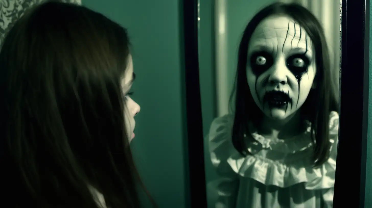 girl looking in a creepy mirror at a malevolent being