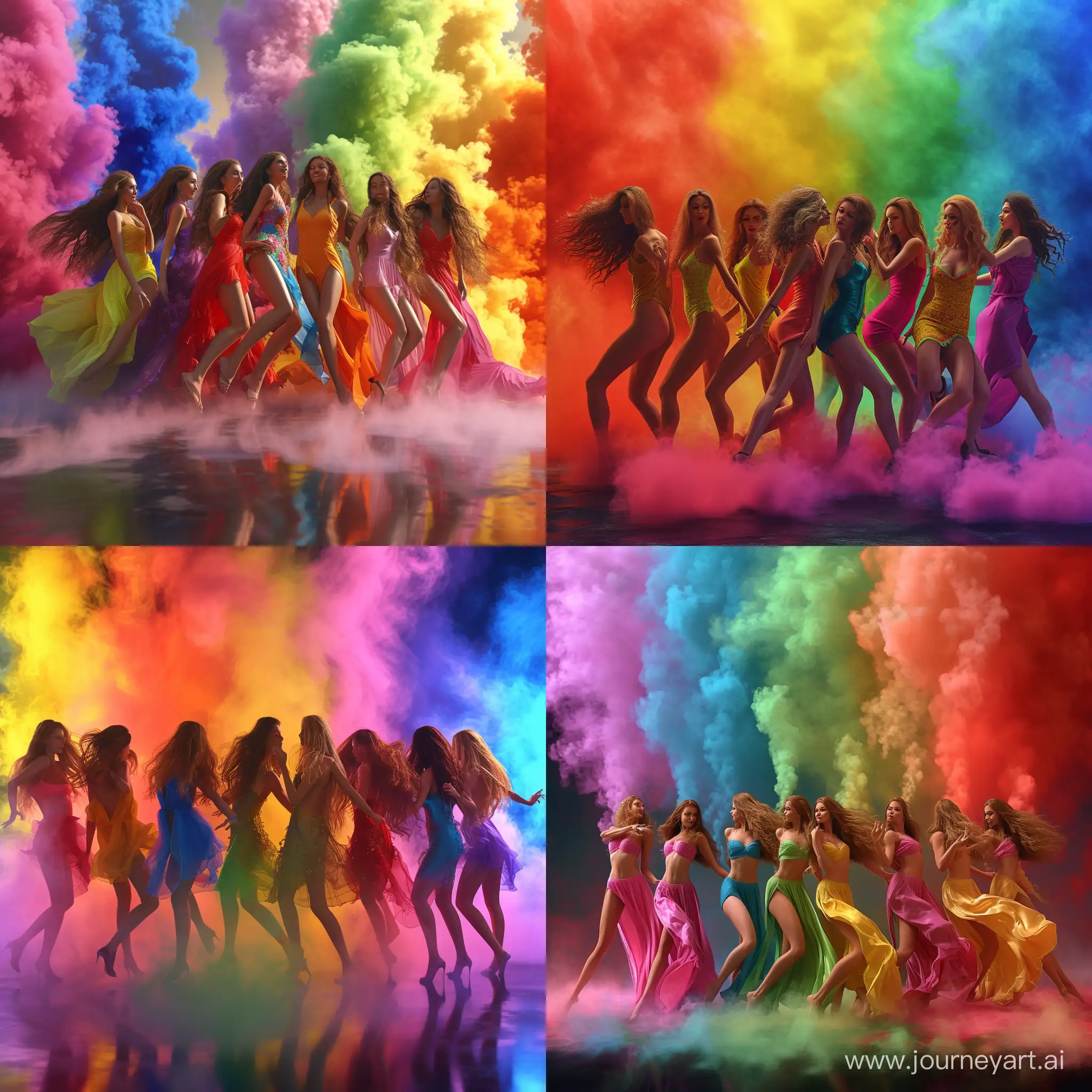 ,eight sexy lady with long hair, dressed in bright dresses, dancing against a background of colored smoke!!!!!!!((masterpiece)), ((beste-Qualit)).3d / Photorealism / , High resolution,masterpiece:1.2), super detailed,(realistic,photorealistic, photorealistic:1.37),,Abundance of colors, bright colors, high detail, soft lighting,
