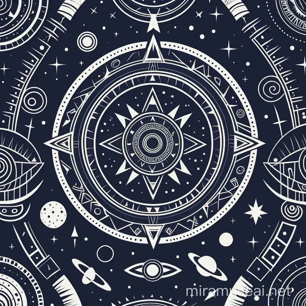 Create me a space tribal wallpaper that includes tribal symbols that has astronomical influences.
