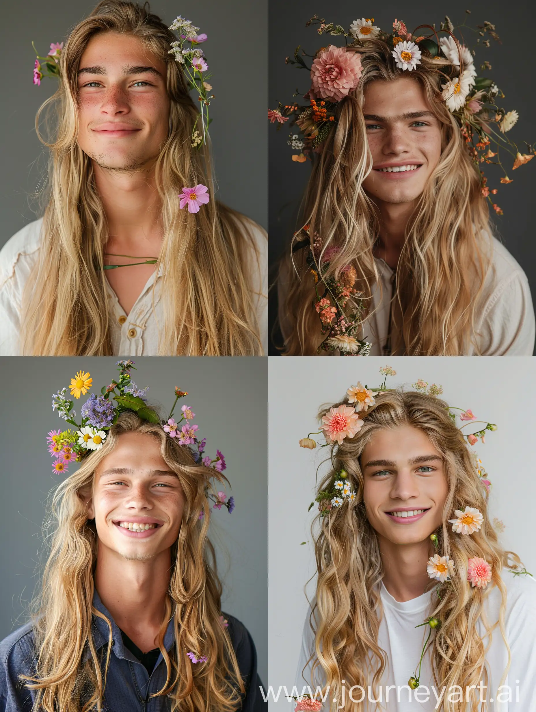 A young man with long blonde hair and flowers in his hair realistic portrait attractive beautiful smiling