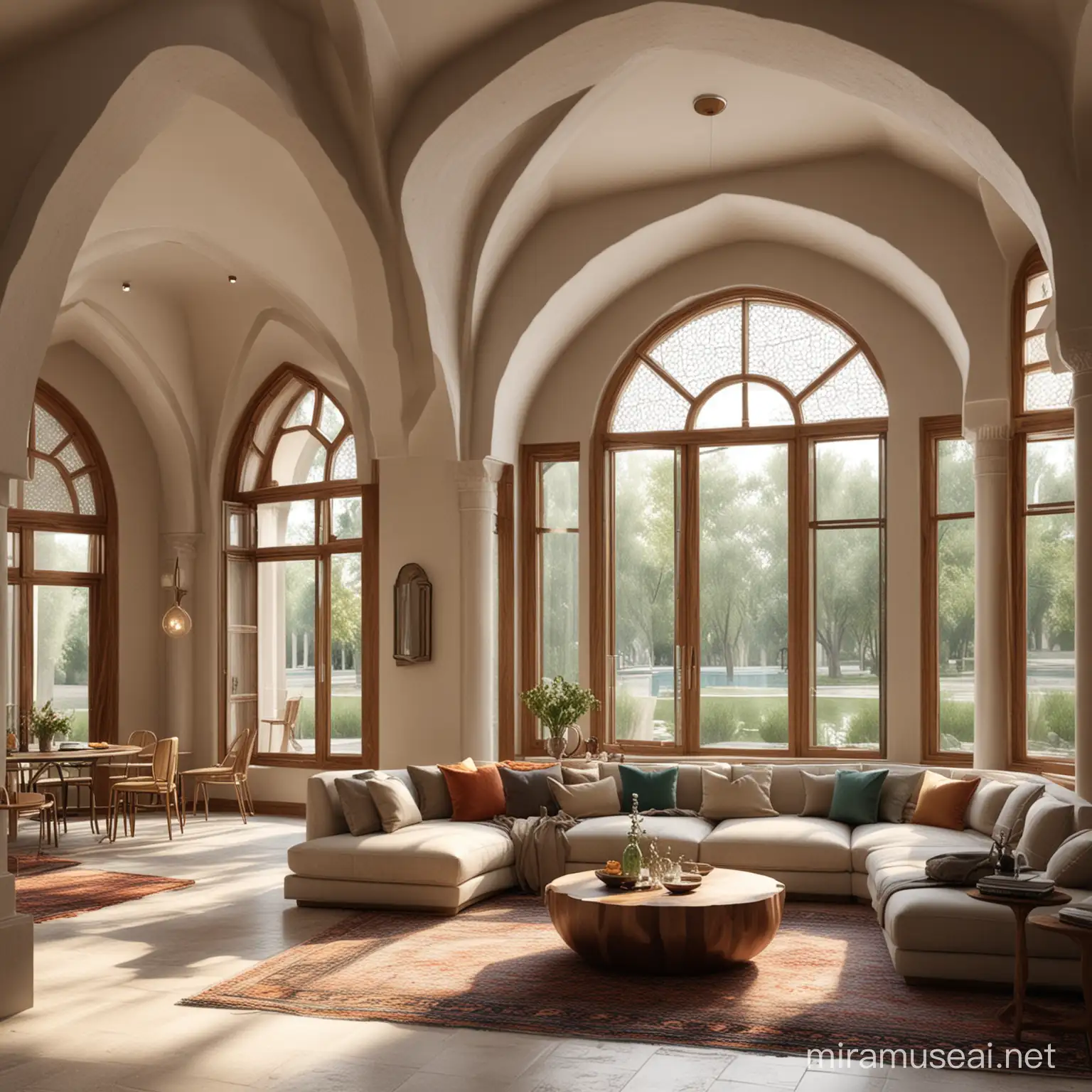 living room 
water stream
 wide shots
persian arched windows
 persian architectures
modern cabinets
architecural realistic render 
mix with modernation
interior design