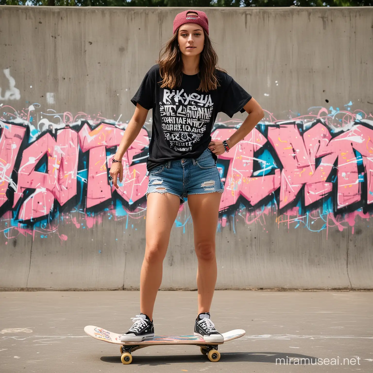 Dressed in a graphic tee and denim shorts, Milana practices skateboarding at a local skate park adorned with vibrant graffiti.