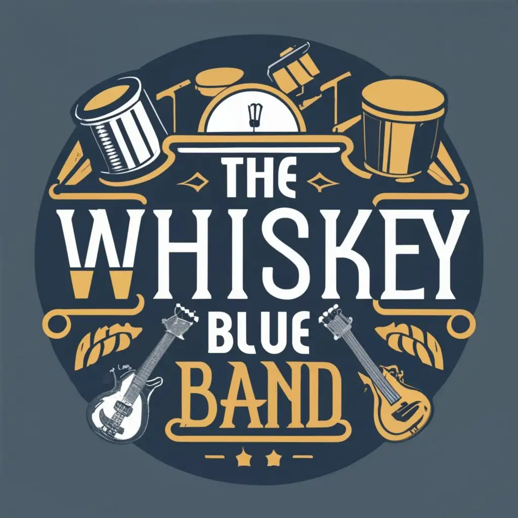 logo, include musical instruments, such as electric guitar, drums, bass, keyboard, microphones, that a band would use on stage, with the text "Logo for a cover band called the "Whiskey Blue Band", use gold and blue colours", typography, be used in Entertainment industry