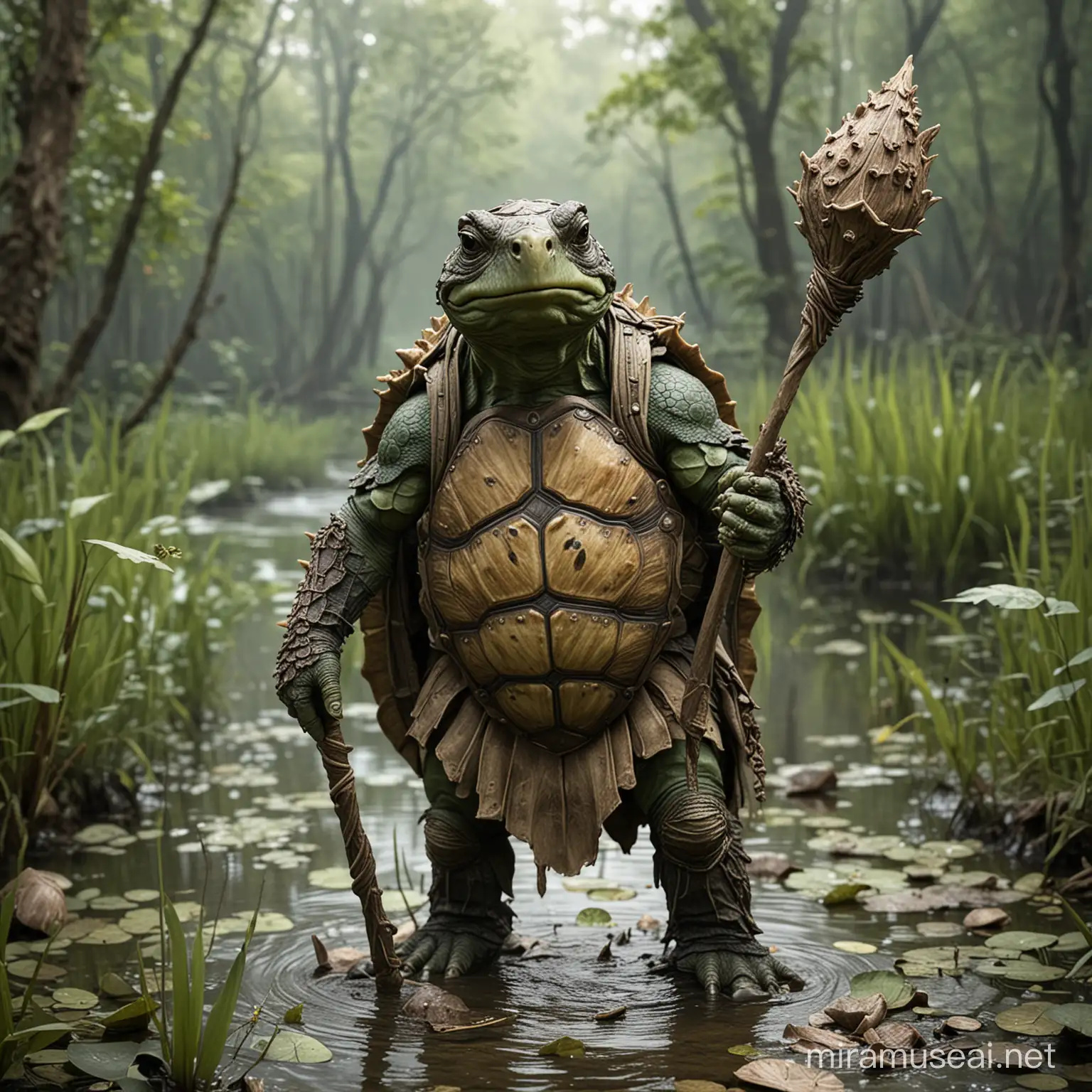 A tortle druid holding a staff with a Knobby end and a weathered shell on his back. Standing in a swamp 
 