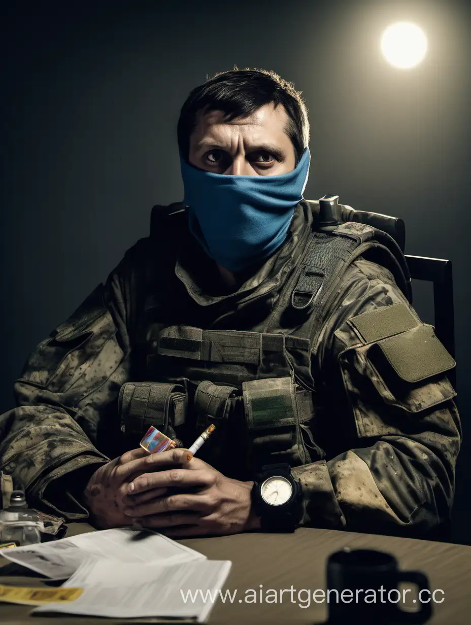 A 40-year-old man with a balackava, dark brown hair and dark eyes, a small stubble on his face and a tired look, dressed as a Ukrainian military man in dark multicam camouflage with a small amount of dirt on his uniform, with a small flag of Ukraine on his uniform and a walkie-talkie in his left hand and a cigarette in his right, sits on a chair in front of the table on which there is a laptop with the screen turned to the person, a desk lamp and a magazine on the table. There is smoke and weak light in the room, it is dark, the moon shines a little from the window, the flag of Ukraine hangs on the whole wall behind the man.