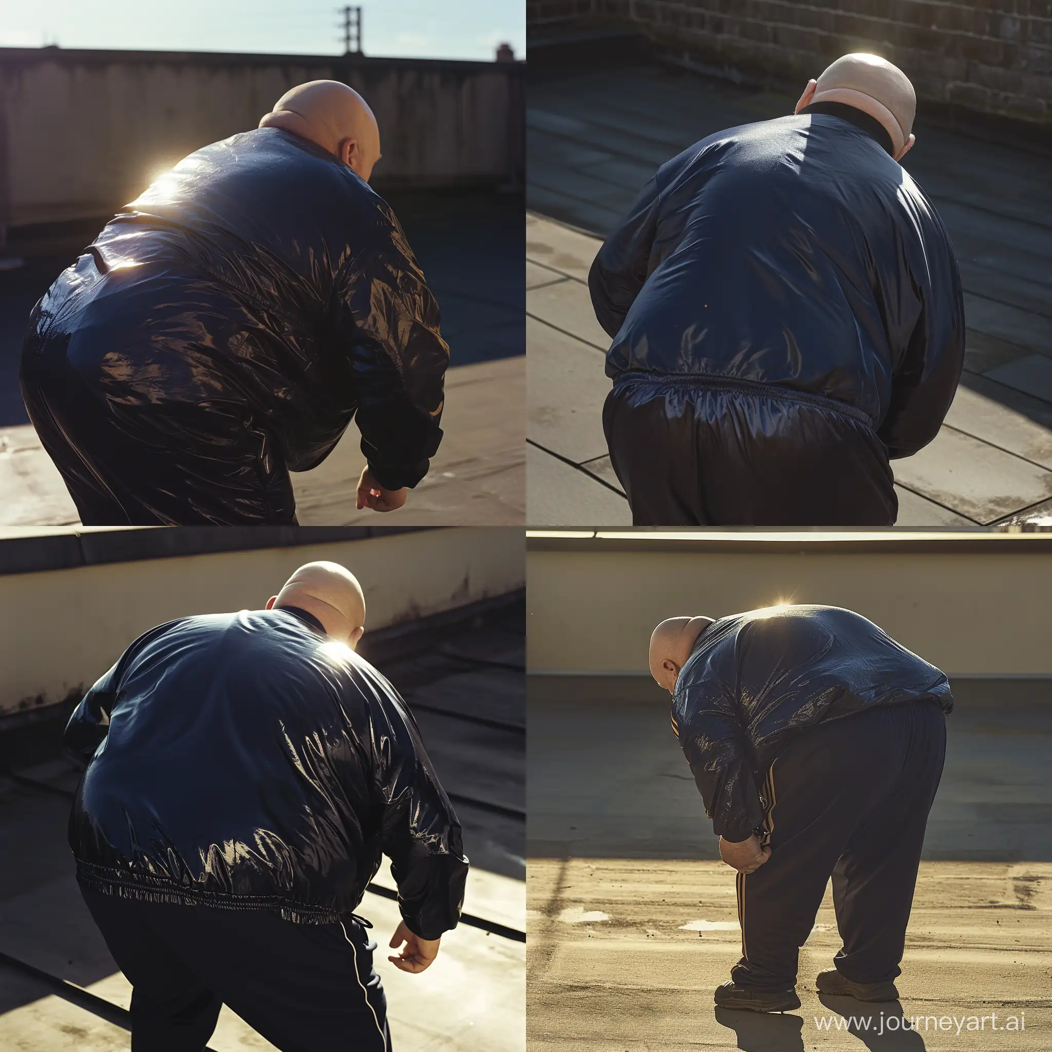 Back view of a chubby man aged 70 wearing a slightly shiny navy tracksuit. He is bending over. The light shines on his back. Rooftop, daylight, clean shaven, bald --v 6