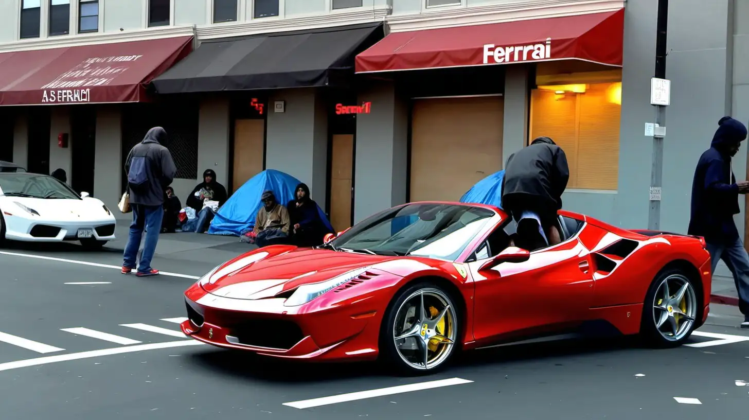 a Ferrari driving past homeless in San Francisco