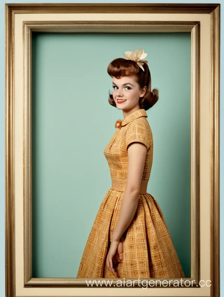 A woman in a mid-century dress in a picture frame