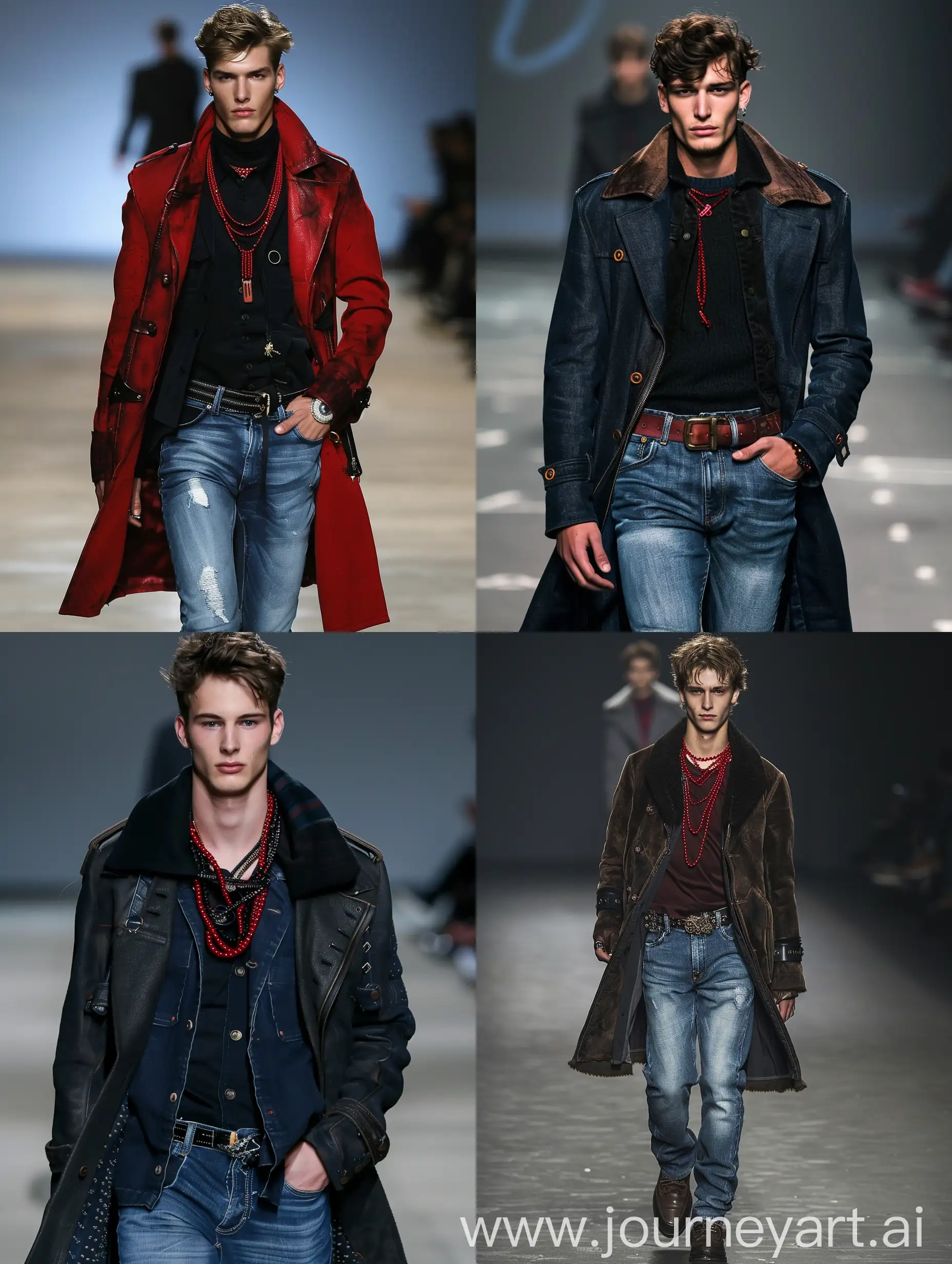 Male model handsome slim runway jeans coats leather red jewerly 