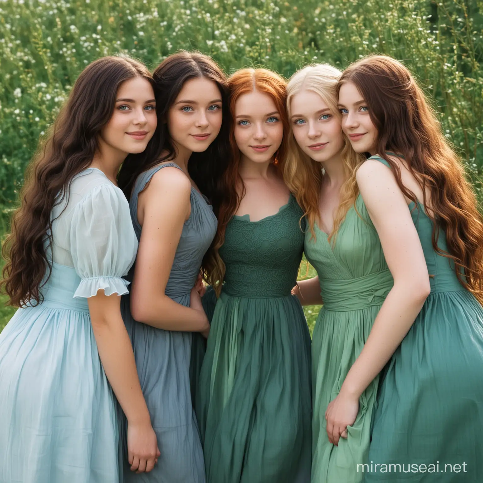Five Sisters Embracing in Soft Colored Dresses