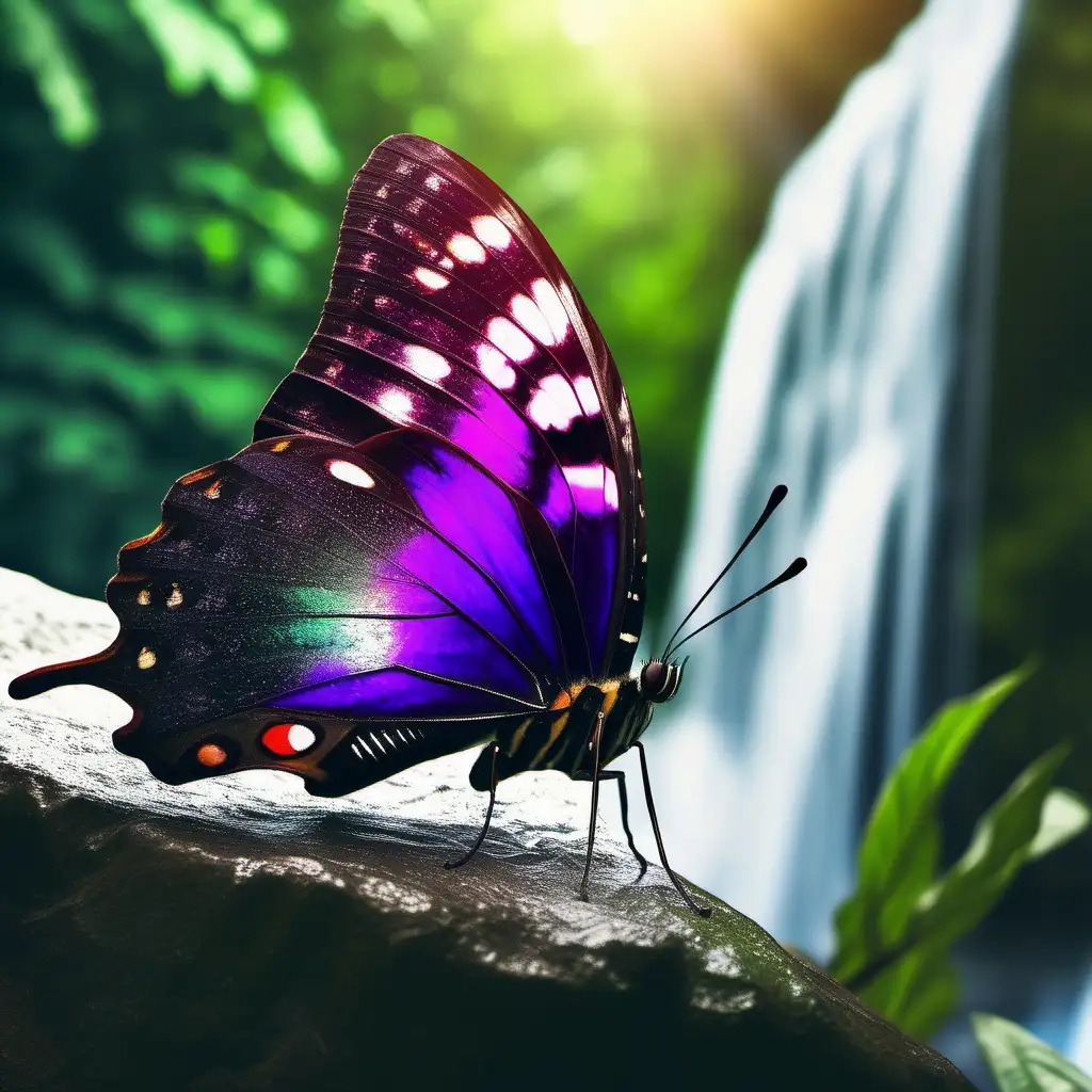 Enchanting Purple and Green Butterfly by Waterfall with CurlyHaired Teen