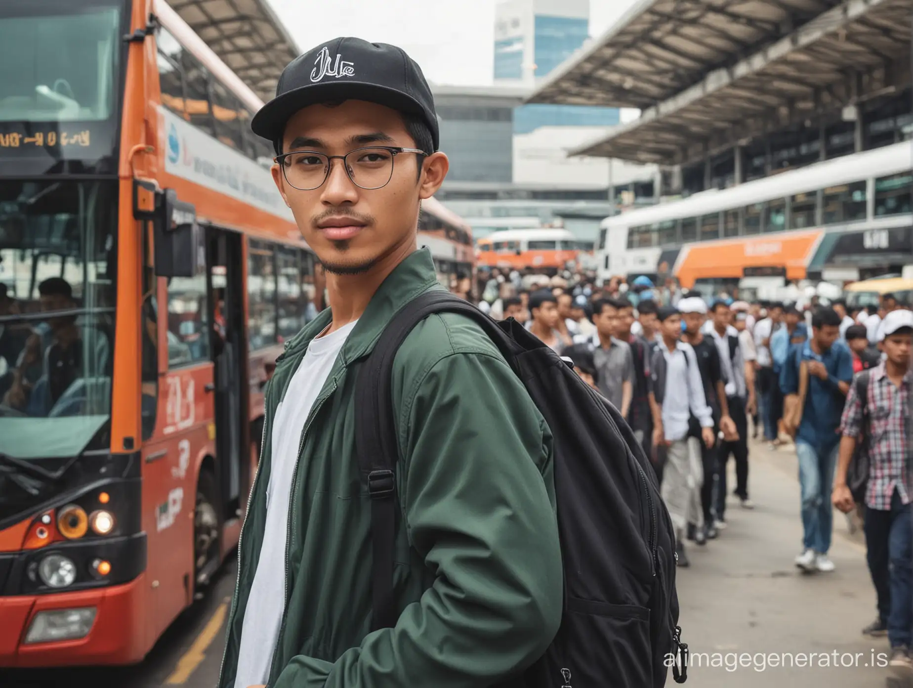 The young Indonesian man, wearing Muslim outfit, backpacker, back side angle, baseball cap, glasses, standing beside the bus, bus terminal, crowded people