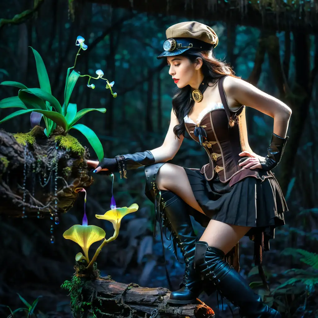 A black-haired steampunk explorer lady wearing skirt, corset, short jacket, hat and high boots, in a forest, looking under a log where a bioluminescent  fungus has a black orchid growing on it