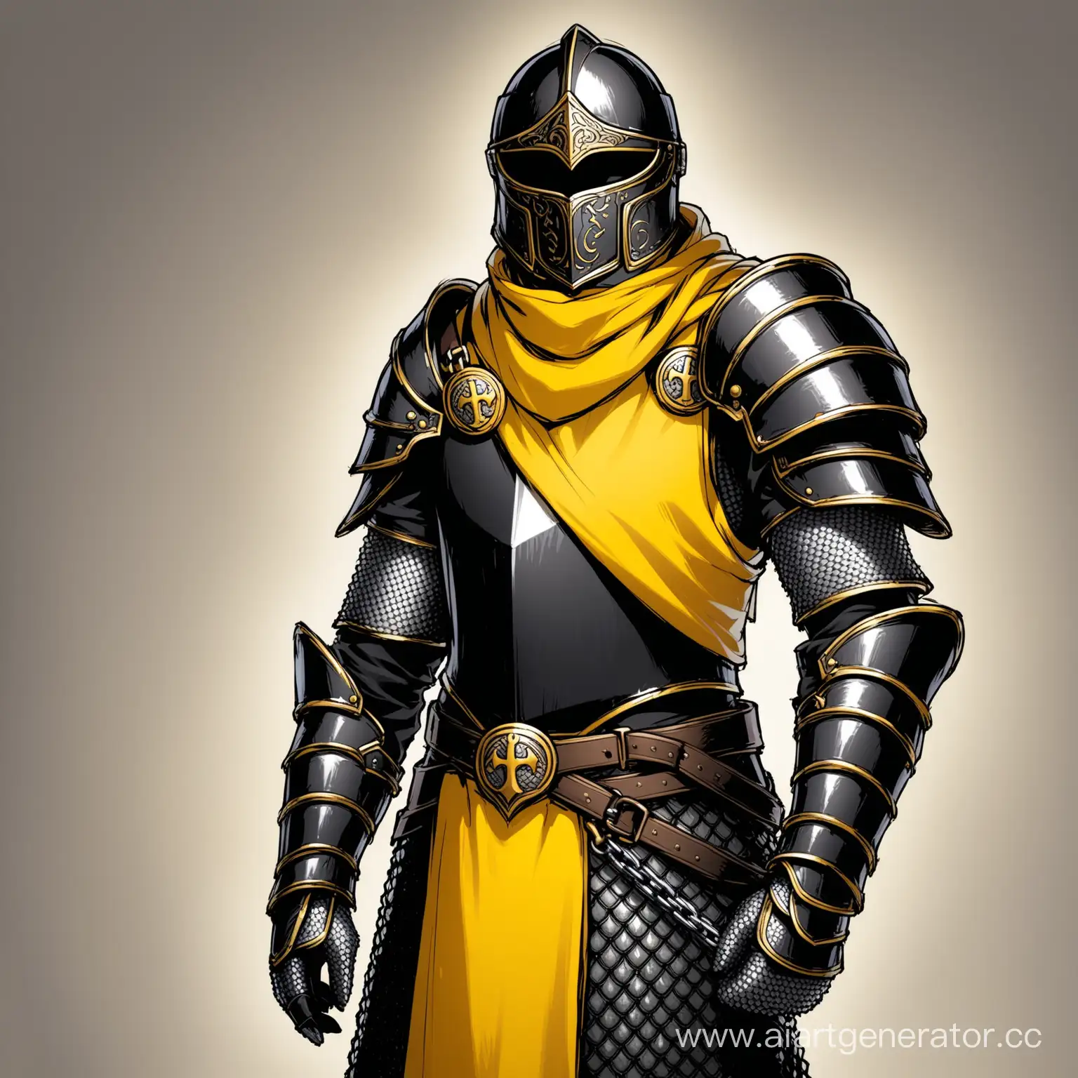 Воин в чёрных доспехах и кольчуге с жёлтым табардом и символом в виде чёрной латной перчатки на плече