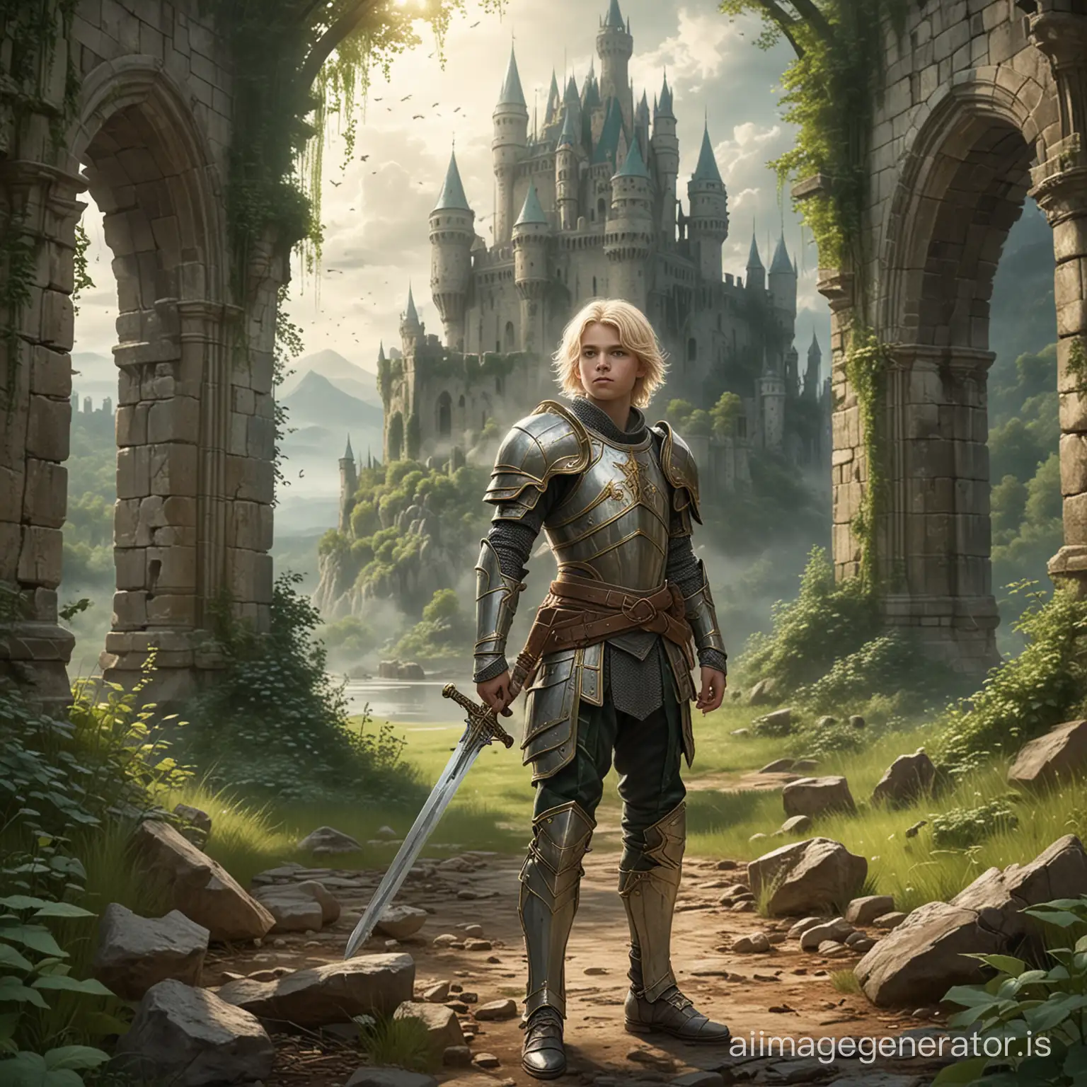 An illustration fantasy style of a blond 17 years old boy dressed on an armour holding a sword and in front of castle in ruins in a green forest