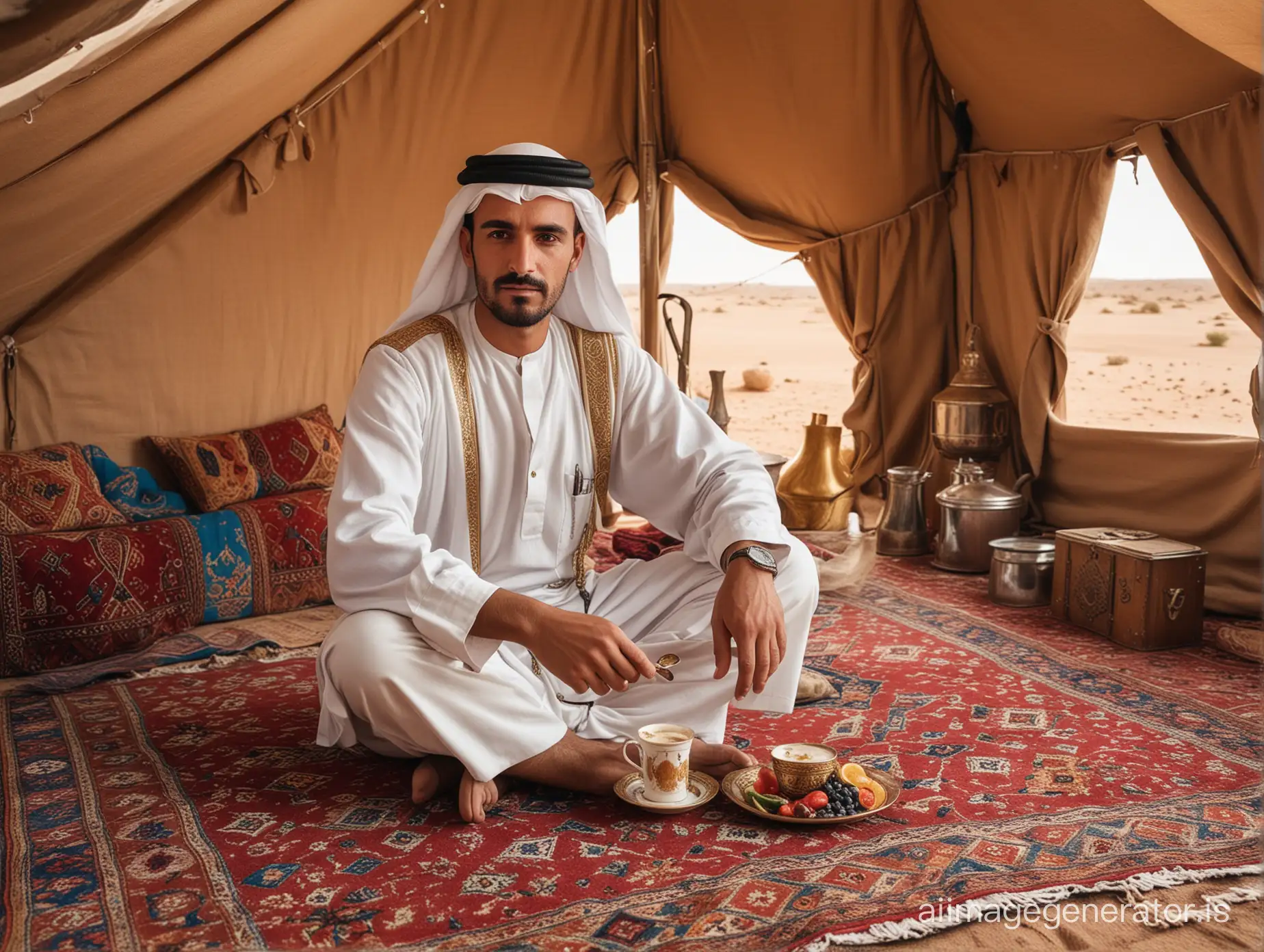 in the desert, a European man, 30, without a mustache or beard, dressed in the uniform of an Arab sheikh, sits in a luxurious tent on a beautiful carpet, holding a cup of hot coffee in his hand and looking into the lens. Various fruits and gourmet food are laid out on the carpet. Outside the tent, a dusty off-road car is parked next to the camel column, photorealism