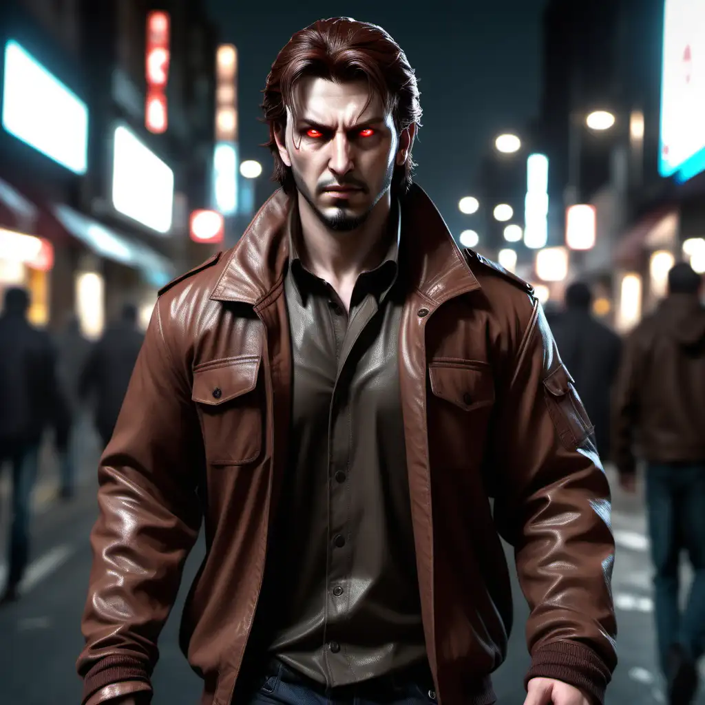 A white male Banu Haqim enforcer, red eyes, brown hair, wearing a brown jacket, walking outside on busy street at night, realistic