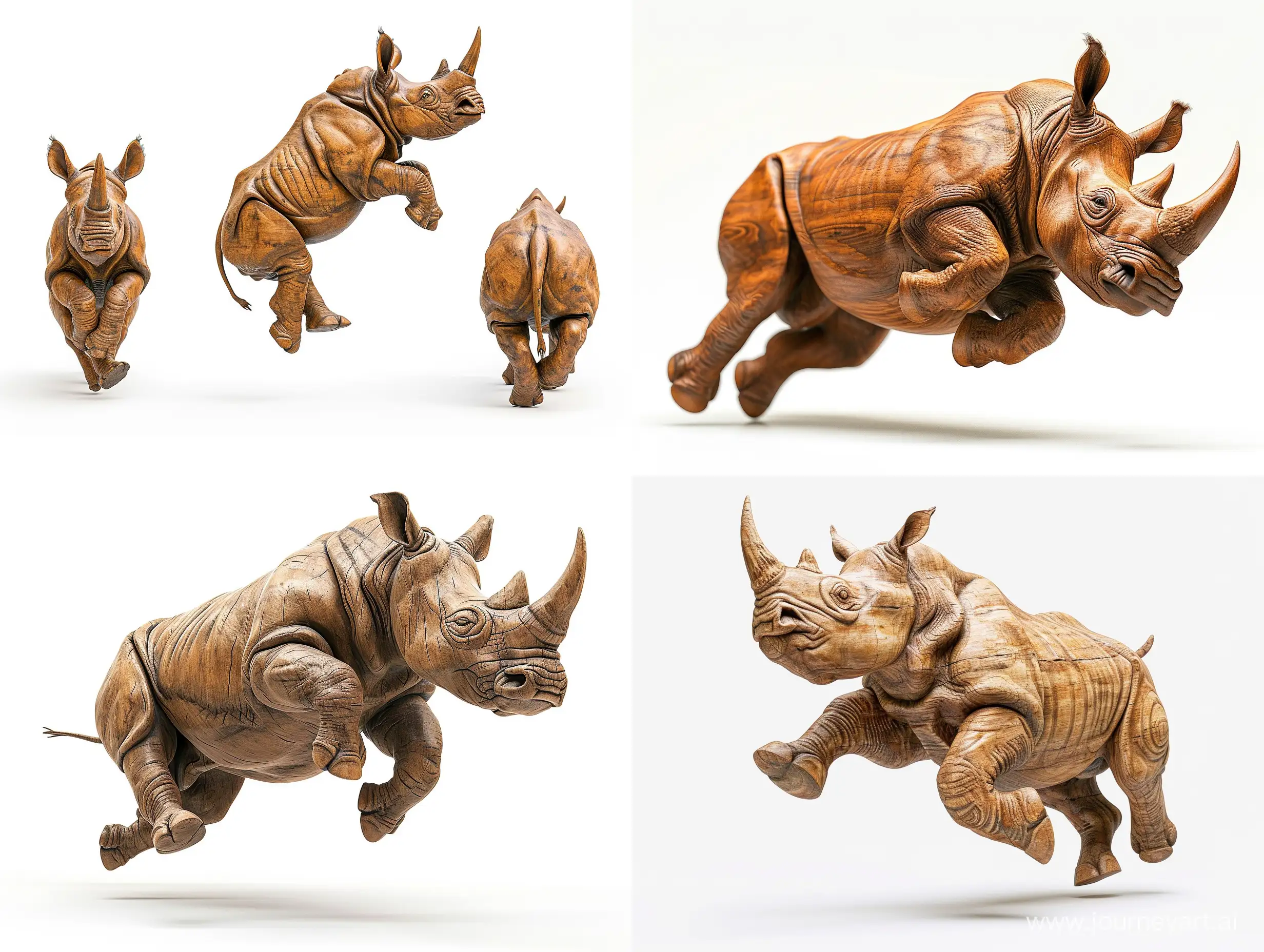 Professional sketch for wooden sculpture, a full-length rhinoceros jumping full-face and in profile, professional dynamic character, front back view and side view, wood carving, white background, 8k Render, ultra realistic