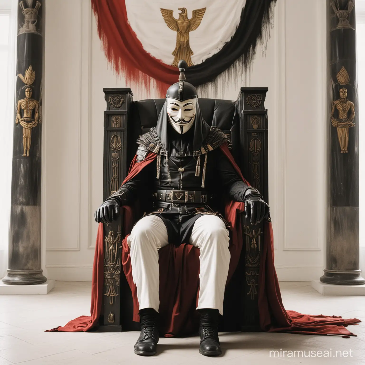 v For Vendetta is sitting in a white room on a white throne, showing only half of his body. I want him wearing the original v For Vendetta mask And give him a formal Behind him is a picture of the Egyptian flag 