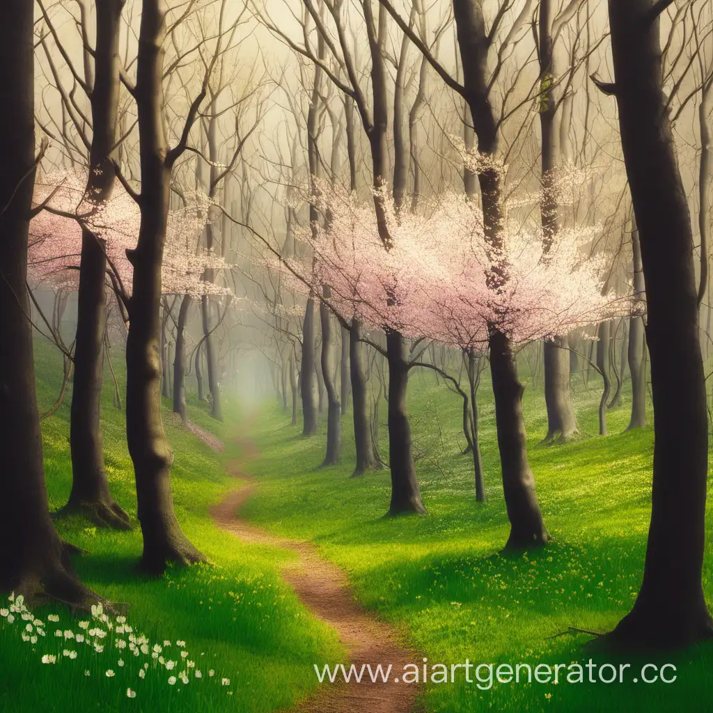 Vibrant-Spring-Forest-Scene-with-Blossoming-Trees-and-Wildlife