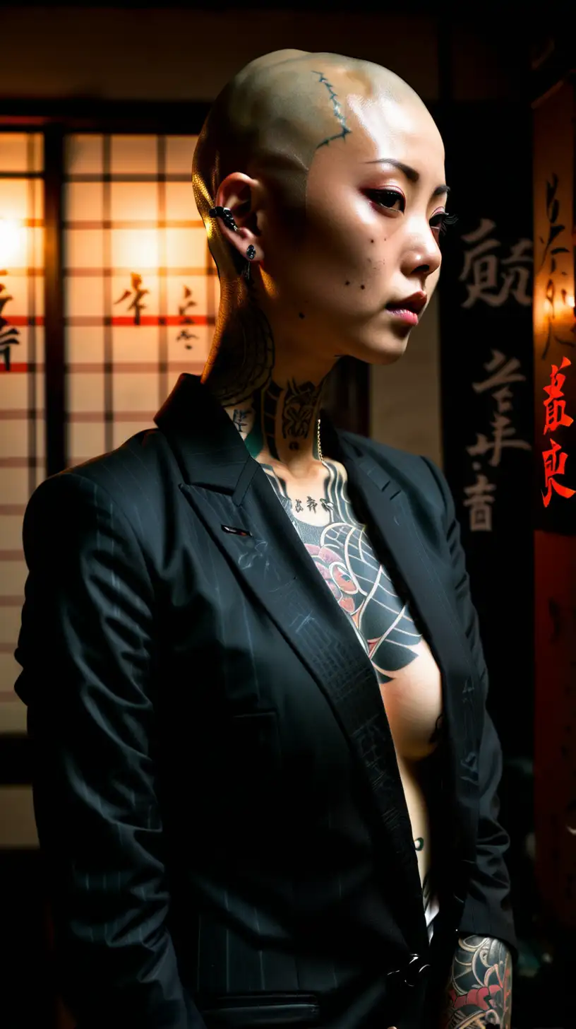 Japanese Girl with Yakuza Tattoos in Dark Lighting