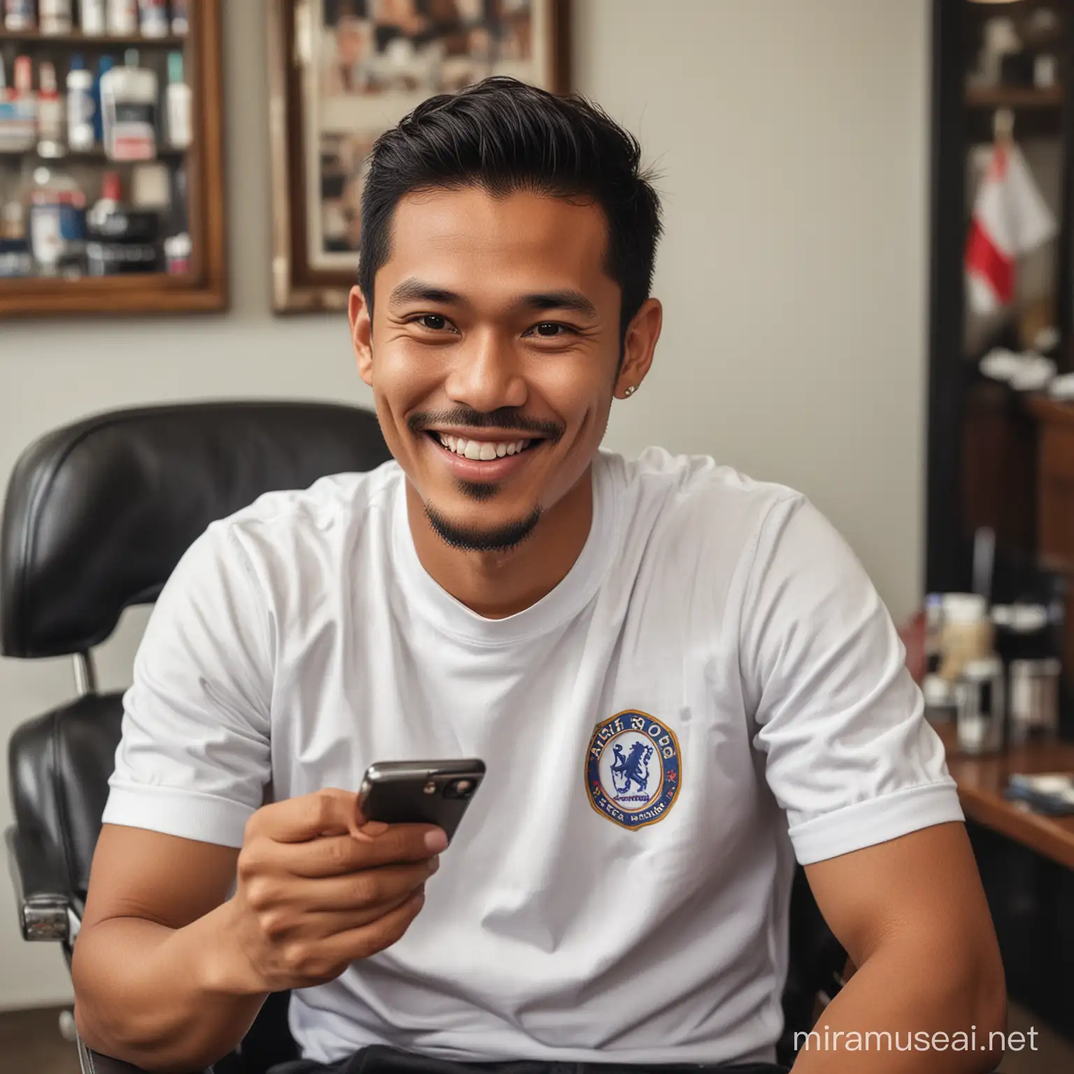 a handsome Indonesian man aged 35 years was sitting pensively in a barbershop chair while holding a cellphone with smiling lips wearing a white Chelsea football shirt.  The atmosphere in the barbershop room was very calm.  Taken by a DSLR camera.
