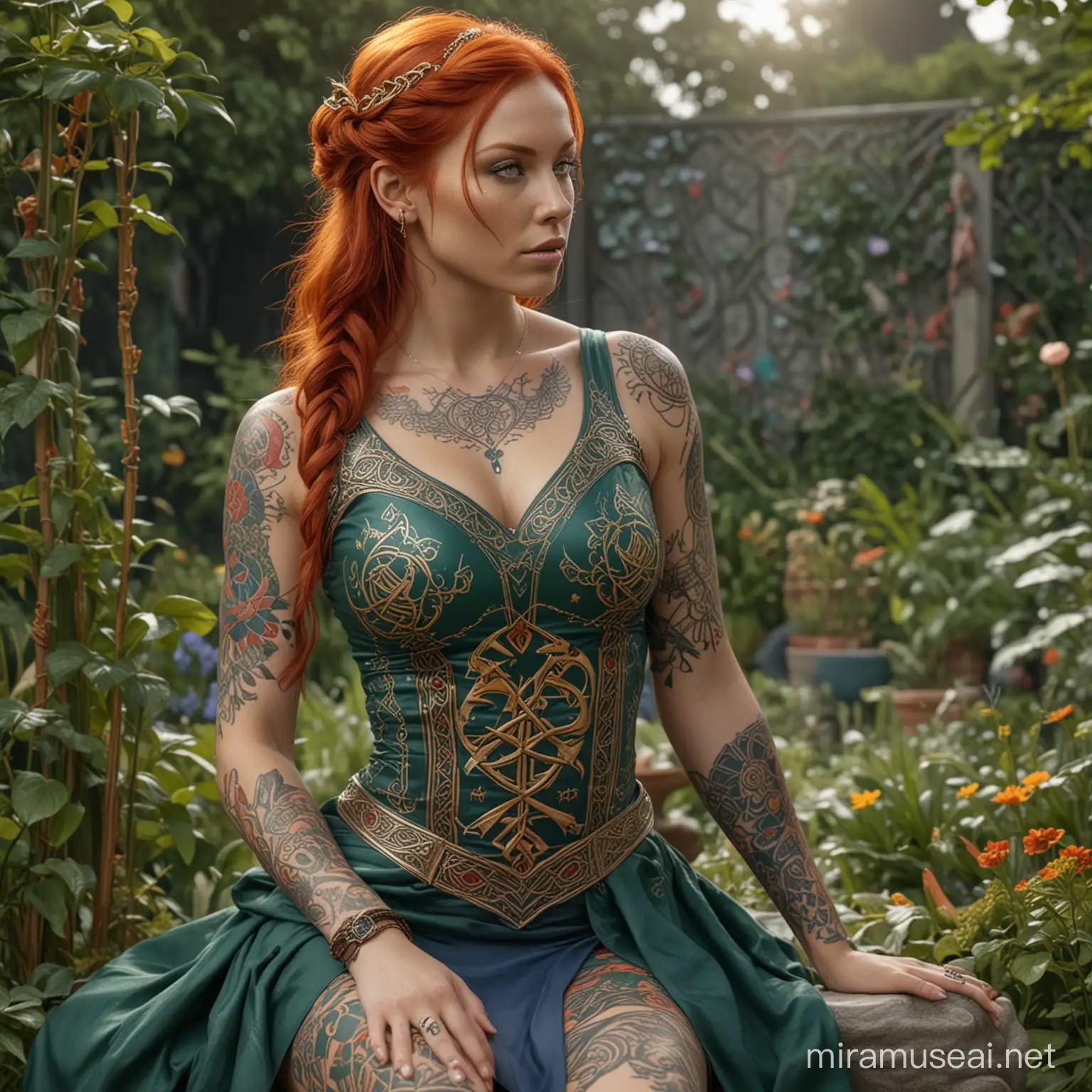 ultrarealistic high detail 4k full body long shot showing an anatomically correct female human with fiery red hair decorated with silver, colourful draconic symbols tattooed on arms, wearing a green sleeveless open front minimal top engraved with celtic runes in gold, and a blue loose skirt embodied with colourful elven symbols, sitting in a garden