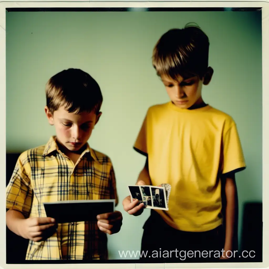 two boys are standing in the room and looking at a Poloroid photo, one boy is wearing a yellow shirt with a large black check