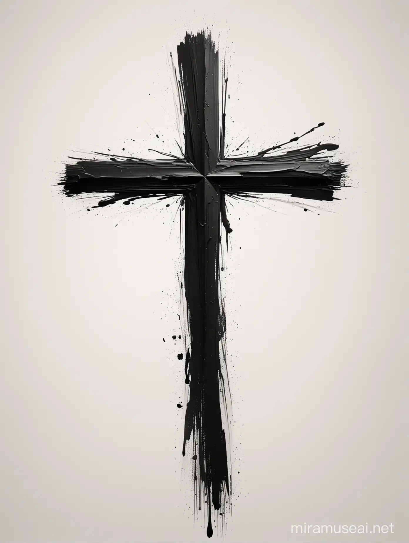 Elegant Black Christian Cross with Brush Strokes on White Background