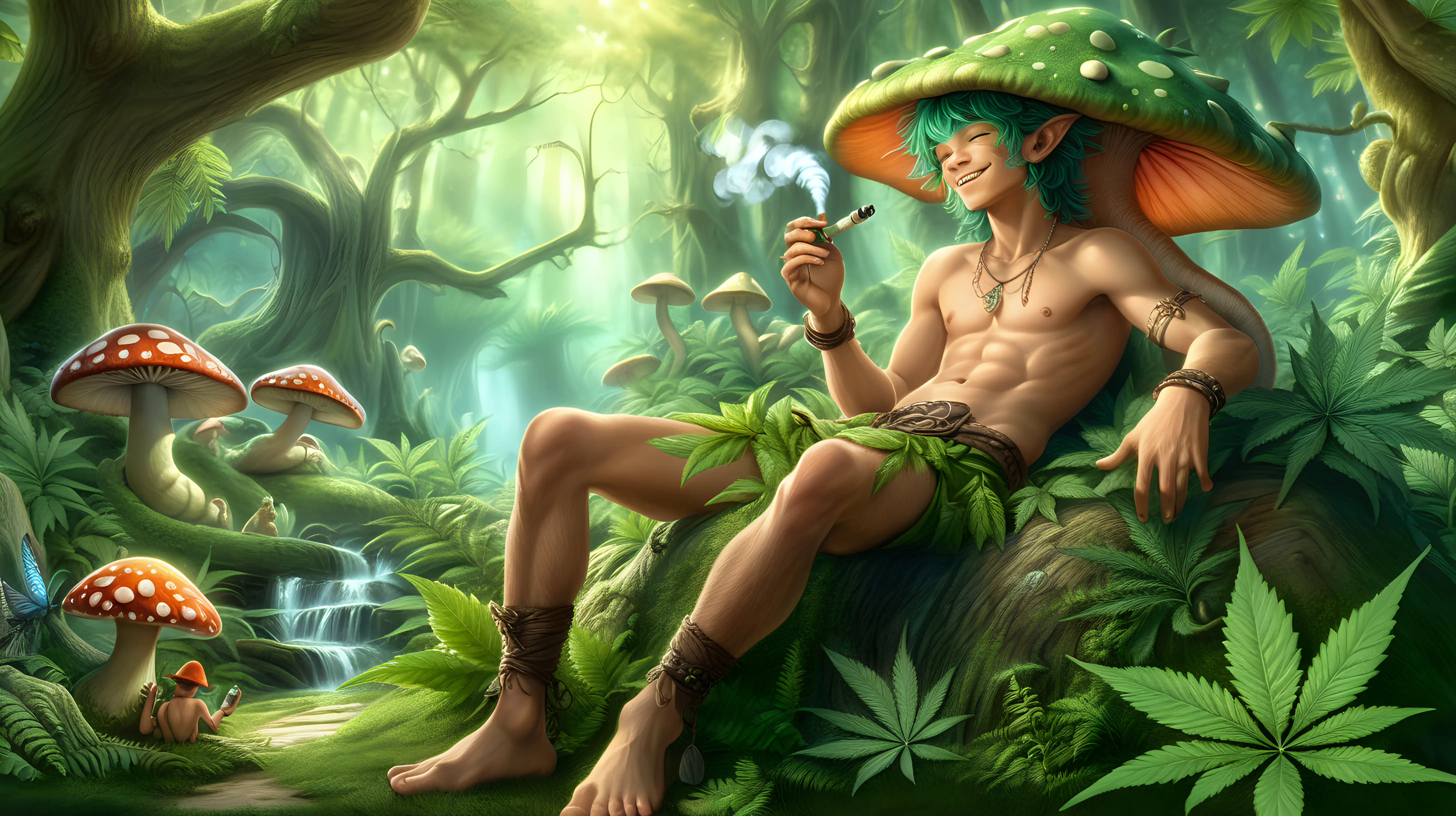 award winning cgi, 8k, fantasy art, a sexy 18 year old anthropomorphic dragon boy with fae features, draped in a foliage loincloth, reclines on a mushroom cap smoking a pipe of cannabis, having a smoke break, he is in an enchanted forest where wild cannabis grows everywhere, big trippy phallic mushrooms dot the landscape, there are pixies and other fantasy creatures in the background, and the whole picture has a happy fantasy feeling in an idyllic magical setting, a sleepy content smile is on his face