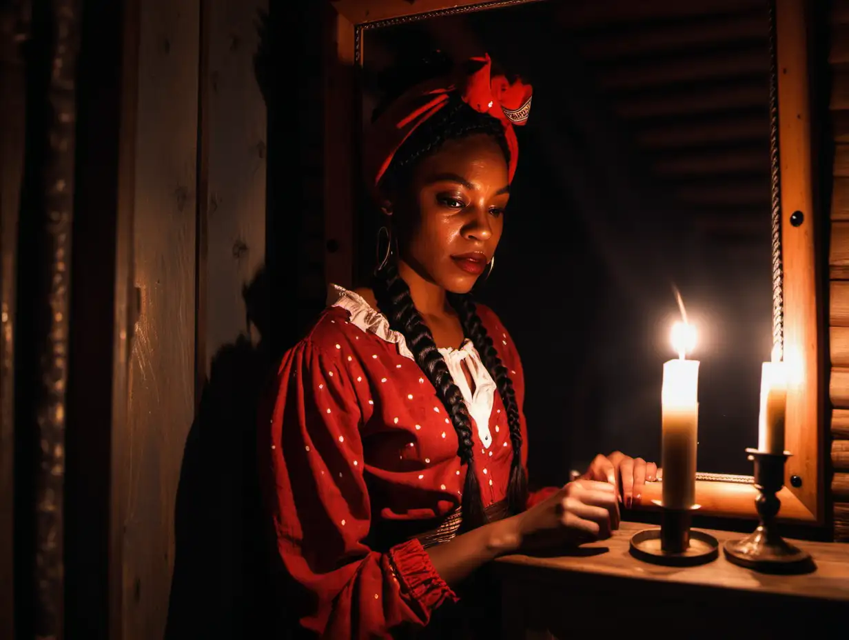 black woman black braids red bandana brown victorian dress looking in mirror dark cabin candle lit bedroom
