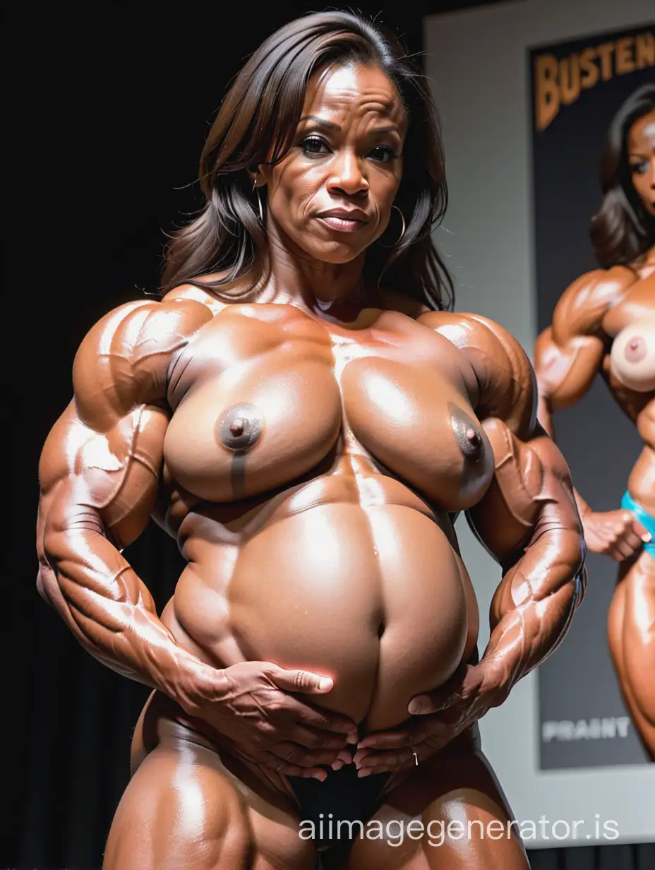 a nude fullbody picture of a nude black pregnant extremely ripped heavy-weight mature female bodybuilder with huge muscles lifting heavy weights