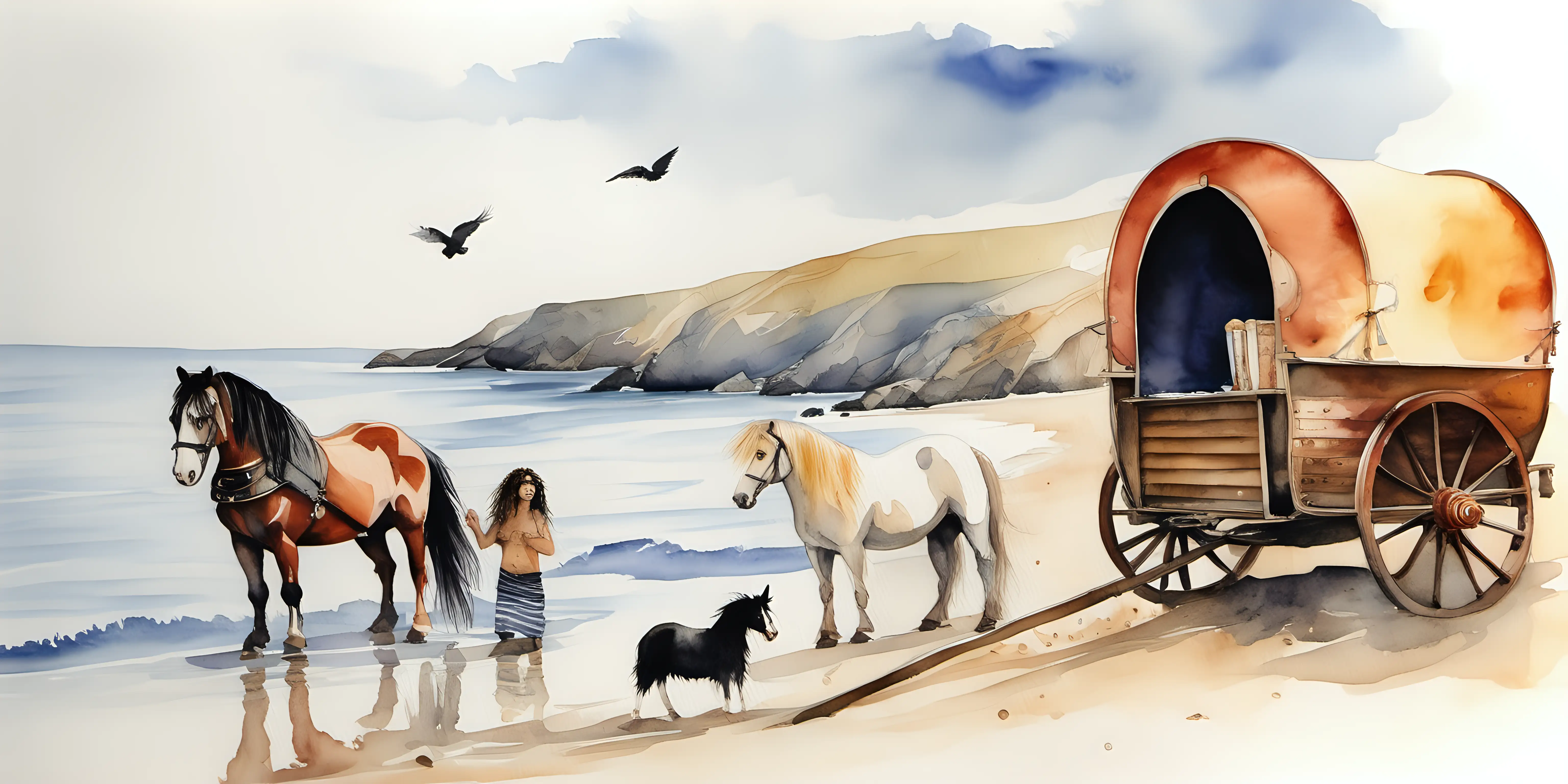 a watercolour painting of  3 romany gypsy wagons on a beach , there is a gypsy cob horse standing in the water, romany gypsies are sitting near a fire , one gypsy is playing a guitar, a sea eagle is flying , 