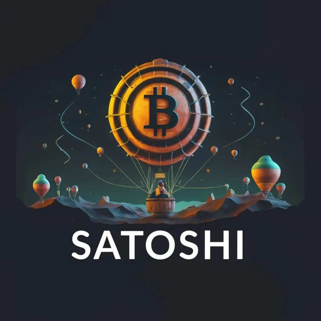 a logo design, with a realistic looking hot air balloon with the bitcoin symbol on the side of the balloon. Satoshi Nakamoto is in the balloon, since we don't know who that is their face should not be identifiable but we should be able to see them inside the basket. The balloon is floating through the blockchain like fantasy land,Complex,be used in Technology industry,clear background