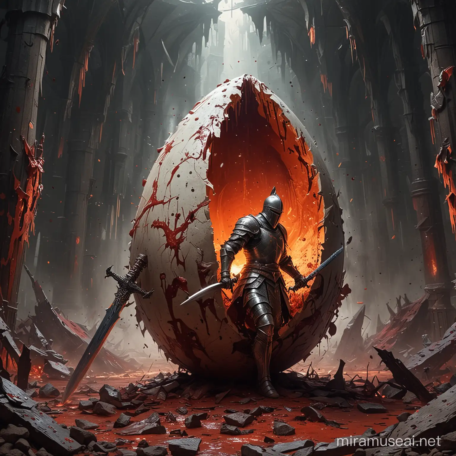 A knight slicing through a gigantic bloody egg with his sword