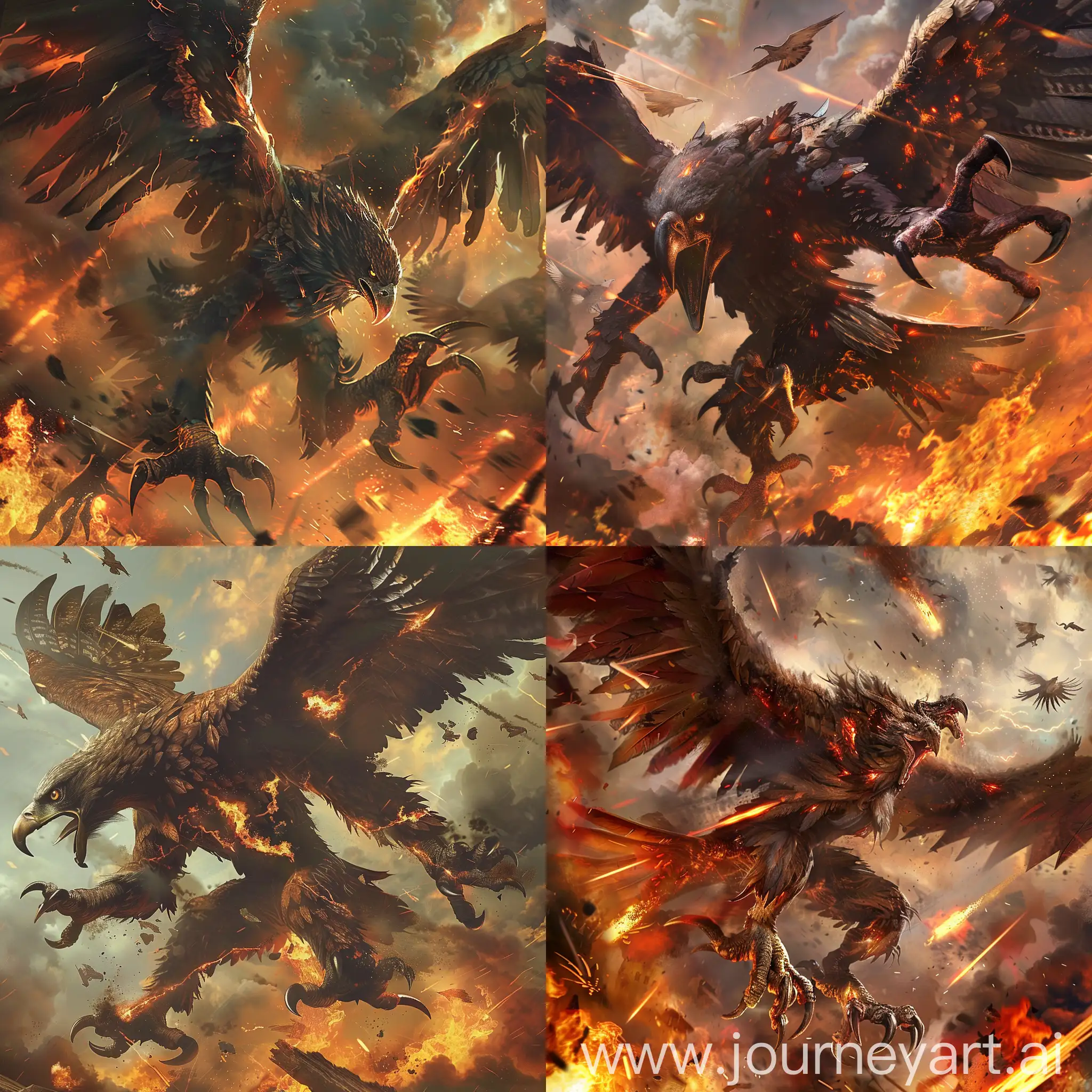 imagine realistic deamon with eagle's wings, claws, and beak, fighting in a war battle with fire and smoke