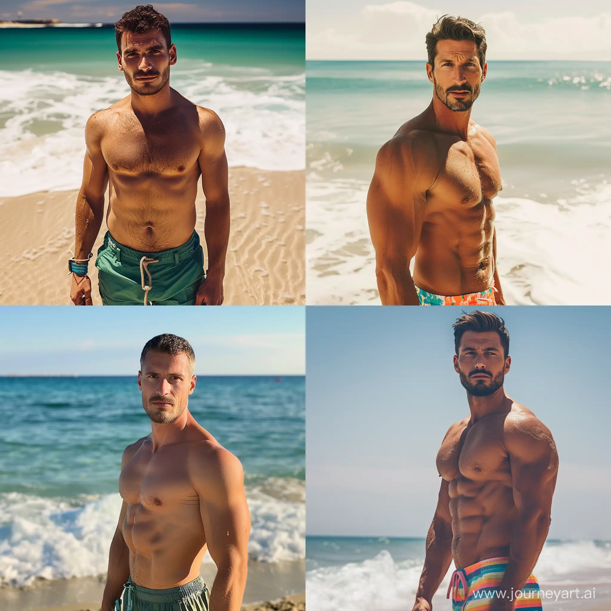 мужчина 30 лет, вес 70 кг, торс, грудь, в плавках, на пляже
