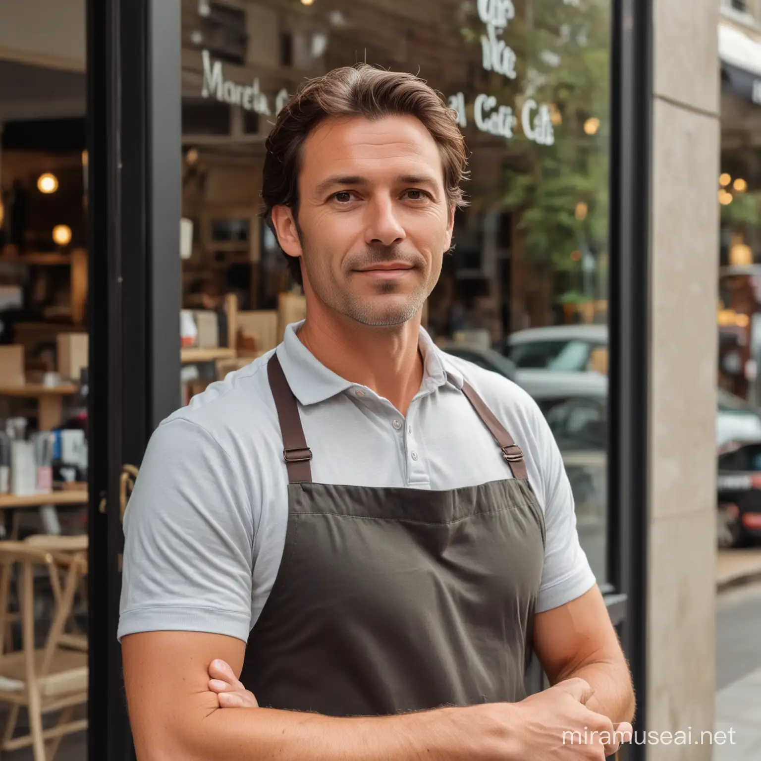 MiddleAged Man Standing Outside Cafe with Brown Hair