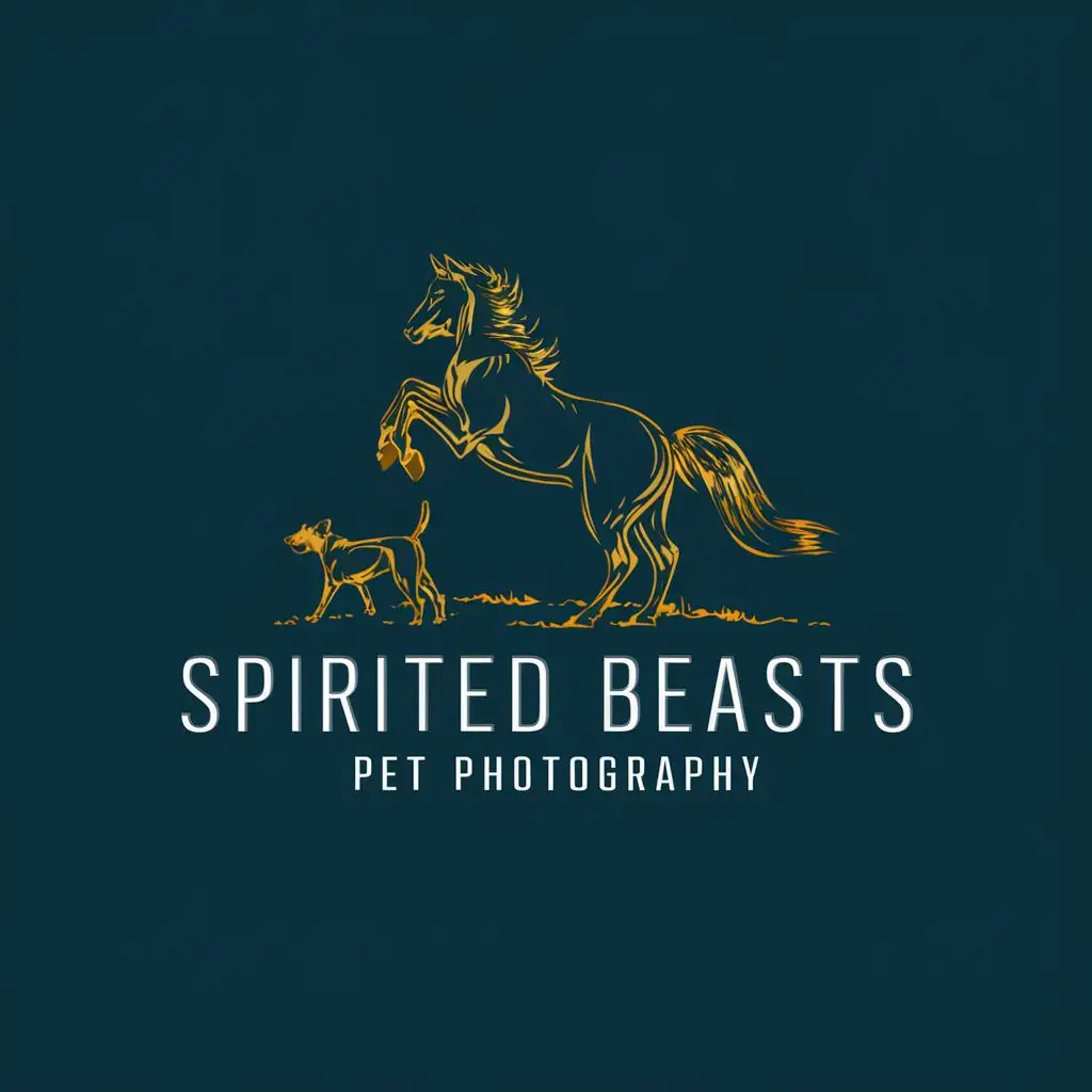 logo, rearing horse, dog playing, thin line illustration, vintage, trendy, with the text "Spirited Beasts
pet photography", typography, be used in Animals Pets industry