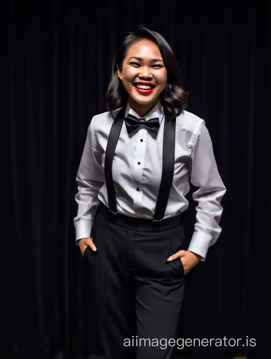 Cheerful Filipino Woman In Elegant Tuxedo Smiling In Dimly Lit Room 