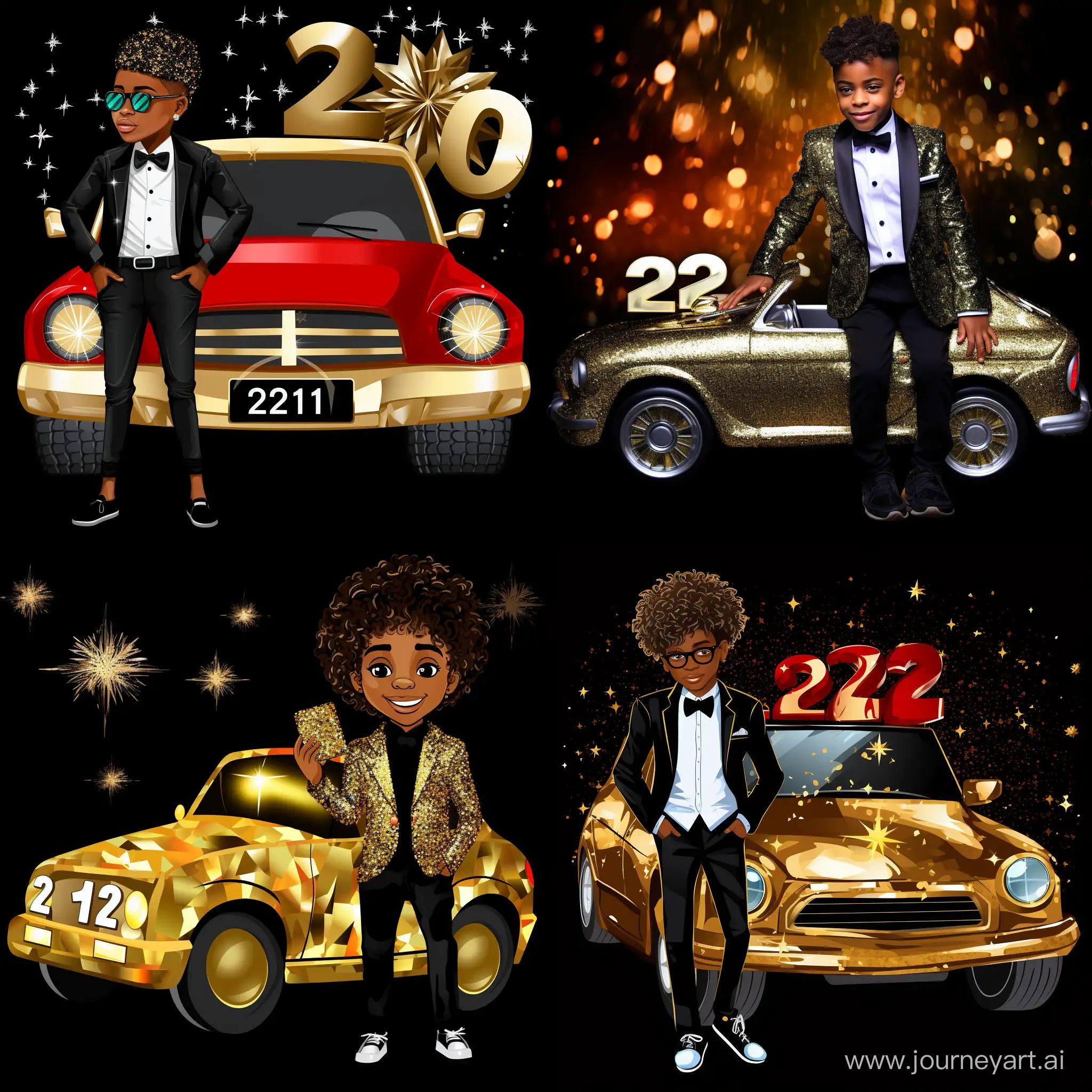6 "an african American boy with short hair, wearing a glitter black and white suit, a gold Rolex wristwatch, gold shades, black shoes. He has a glass of wine in his hand and stands next to a Ford sports in glitter white on veer black paint, write the word 2024 on the car plate number. Write word "Happy New Year" in the background. Add fireworks in the background"