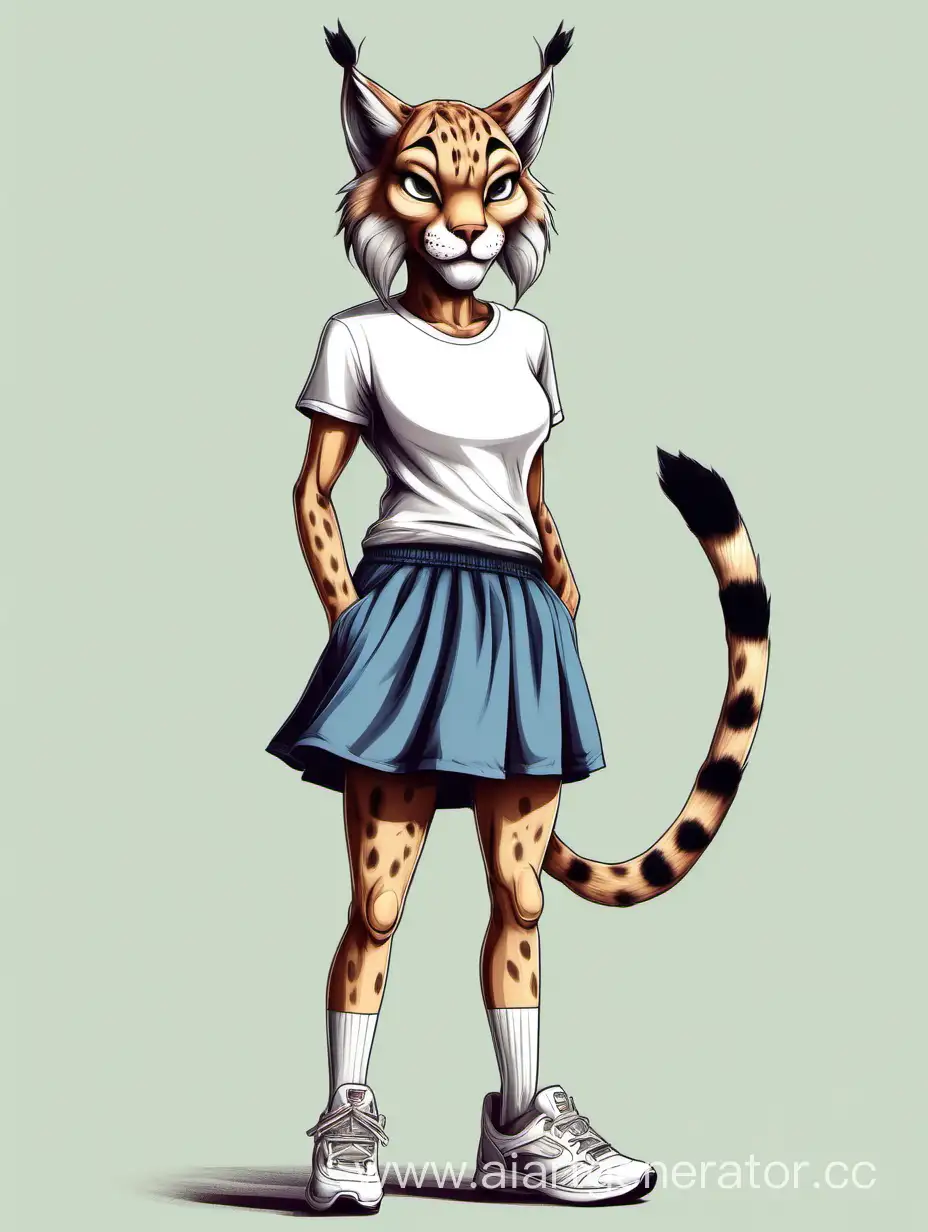 Anthropomorphic-Female-Lynx-Wearing-White-TShirt-and-Skirt-with-Sneakers