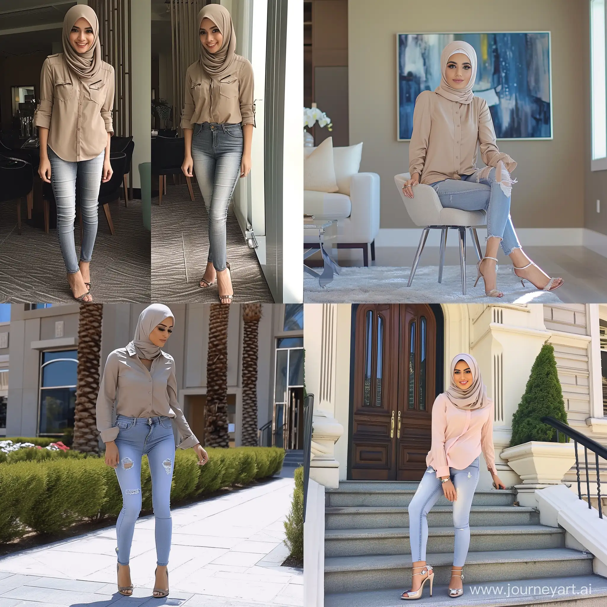 a pretty lady hijabi wearing skinny shirt and skinny jeans and heels