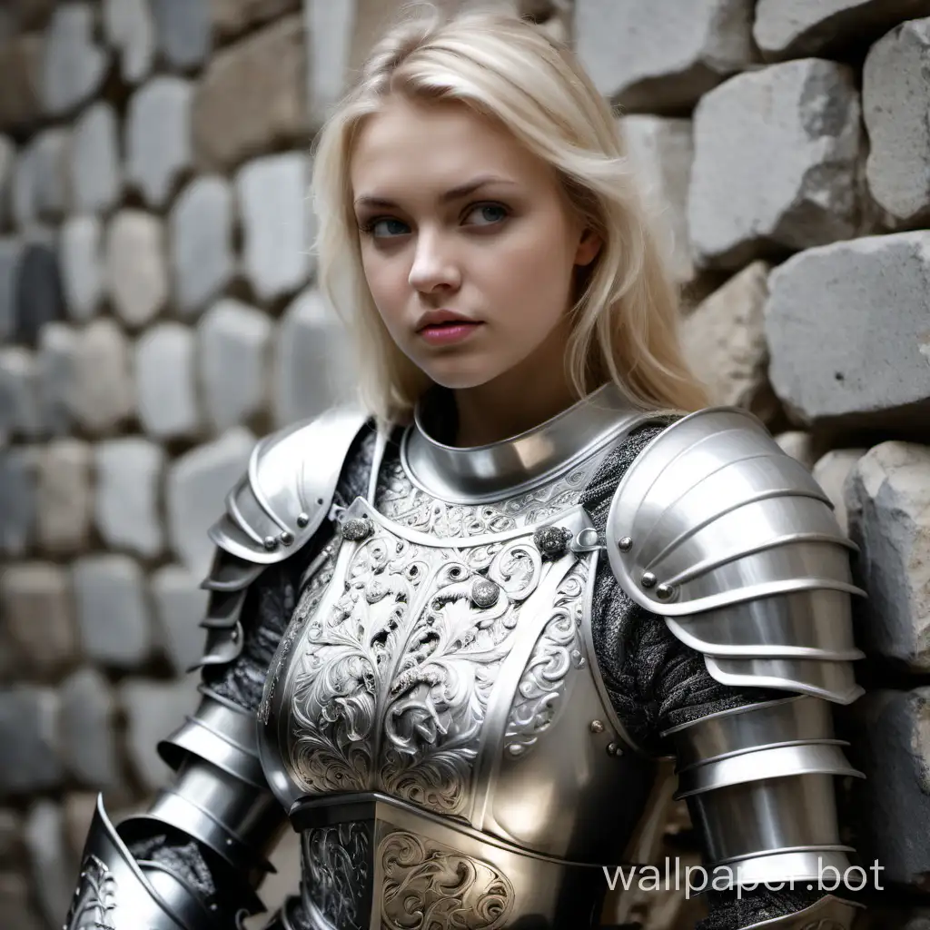 girl, blonde, 25 years old, girl knight, girl in armor, silver armor with patterns and inlaid stones, against a stone wall